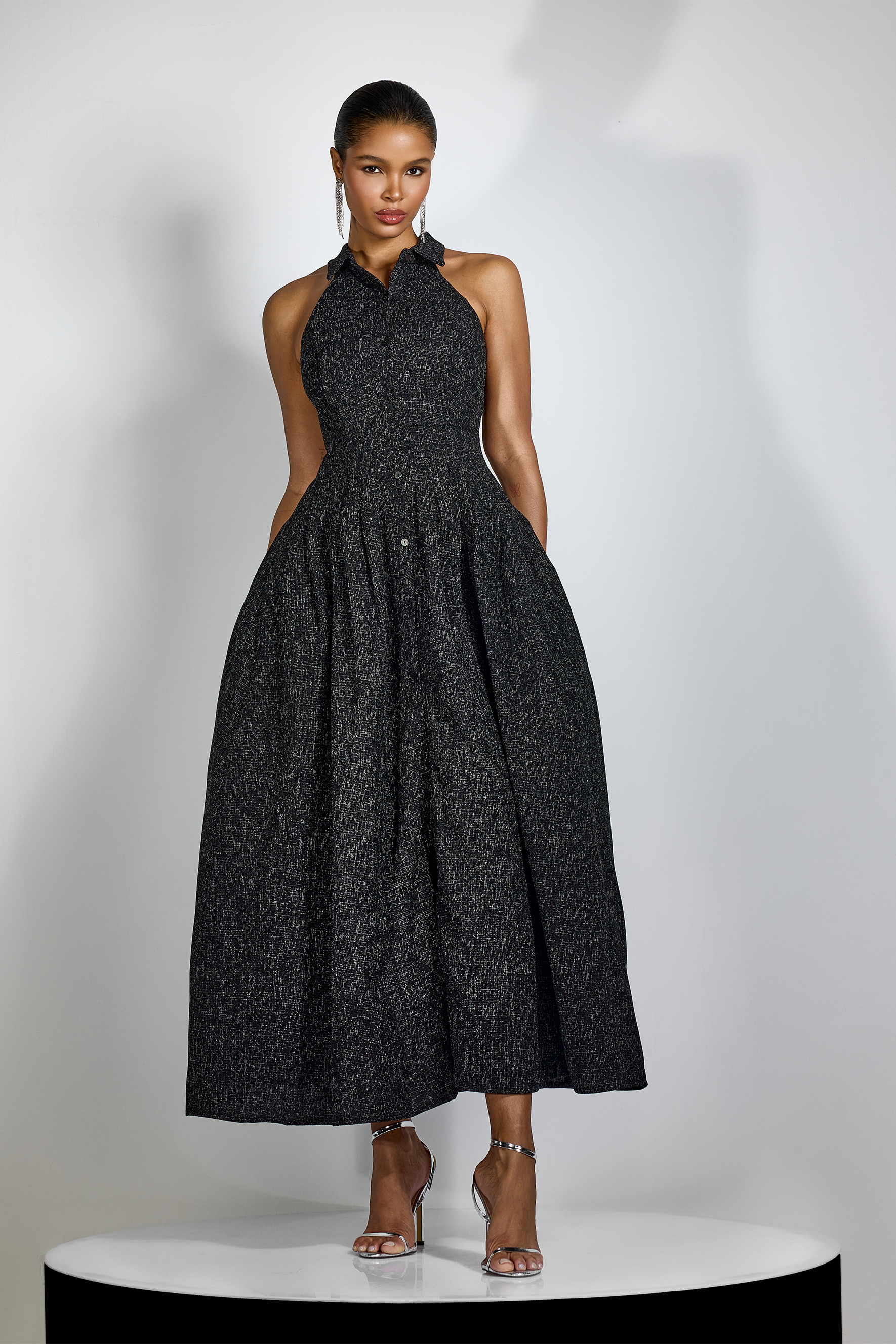Alarice Shirt Collar Sleeveless Tweed Maxi Dress