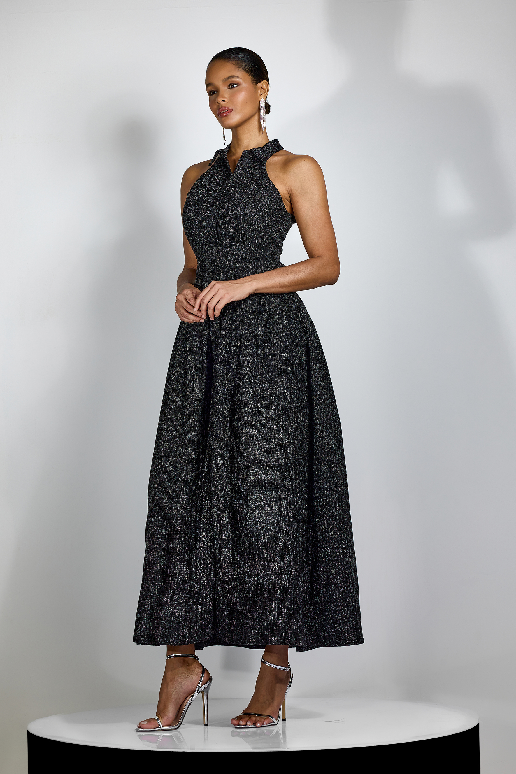 Alarice Shirt Collar Sleeveless Tweed Maxi Dress