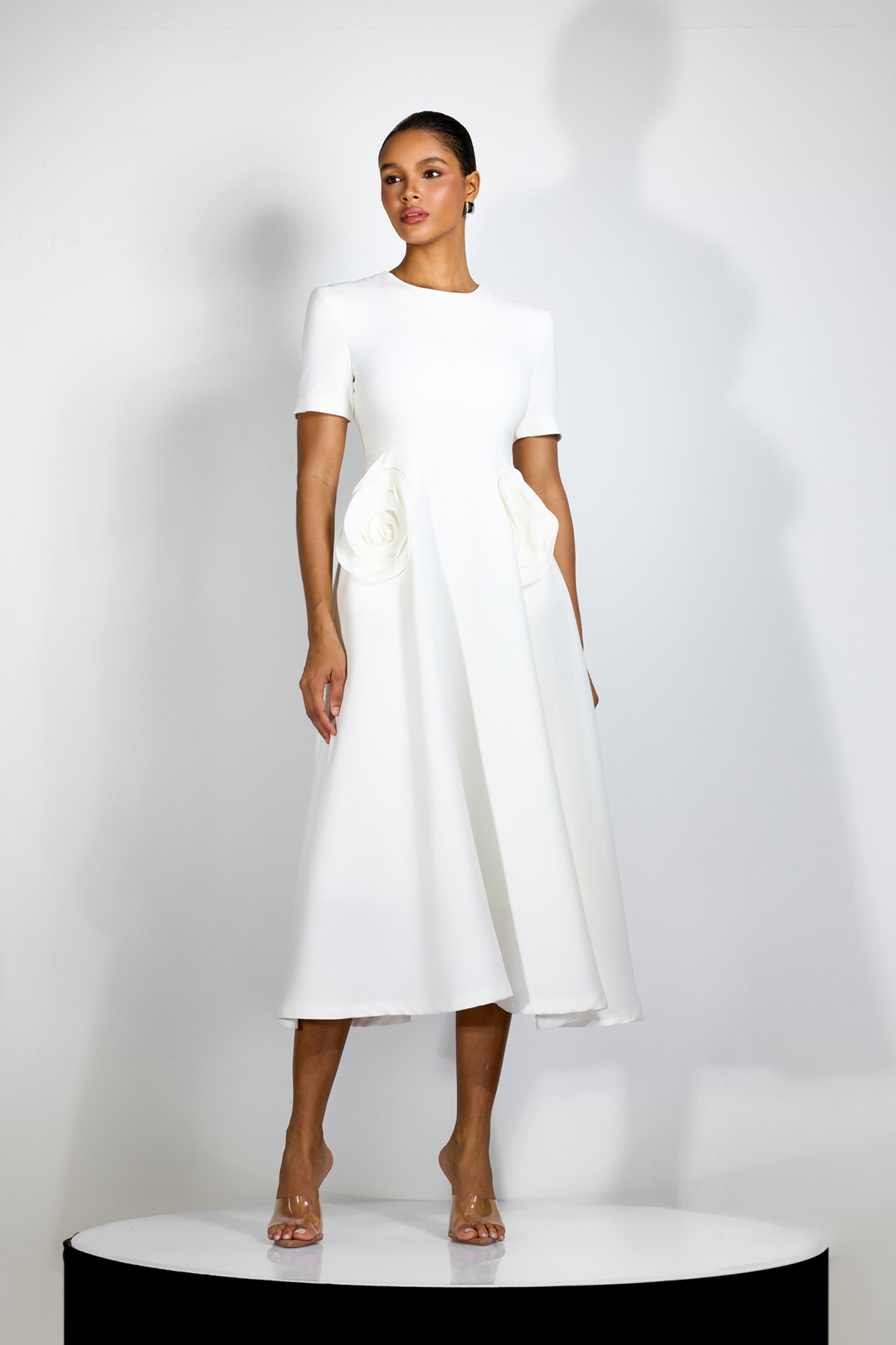 Ava Floral Applique Short Sleeves Midi Dress-Sunfere