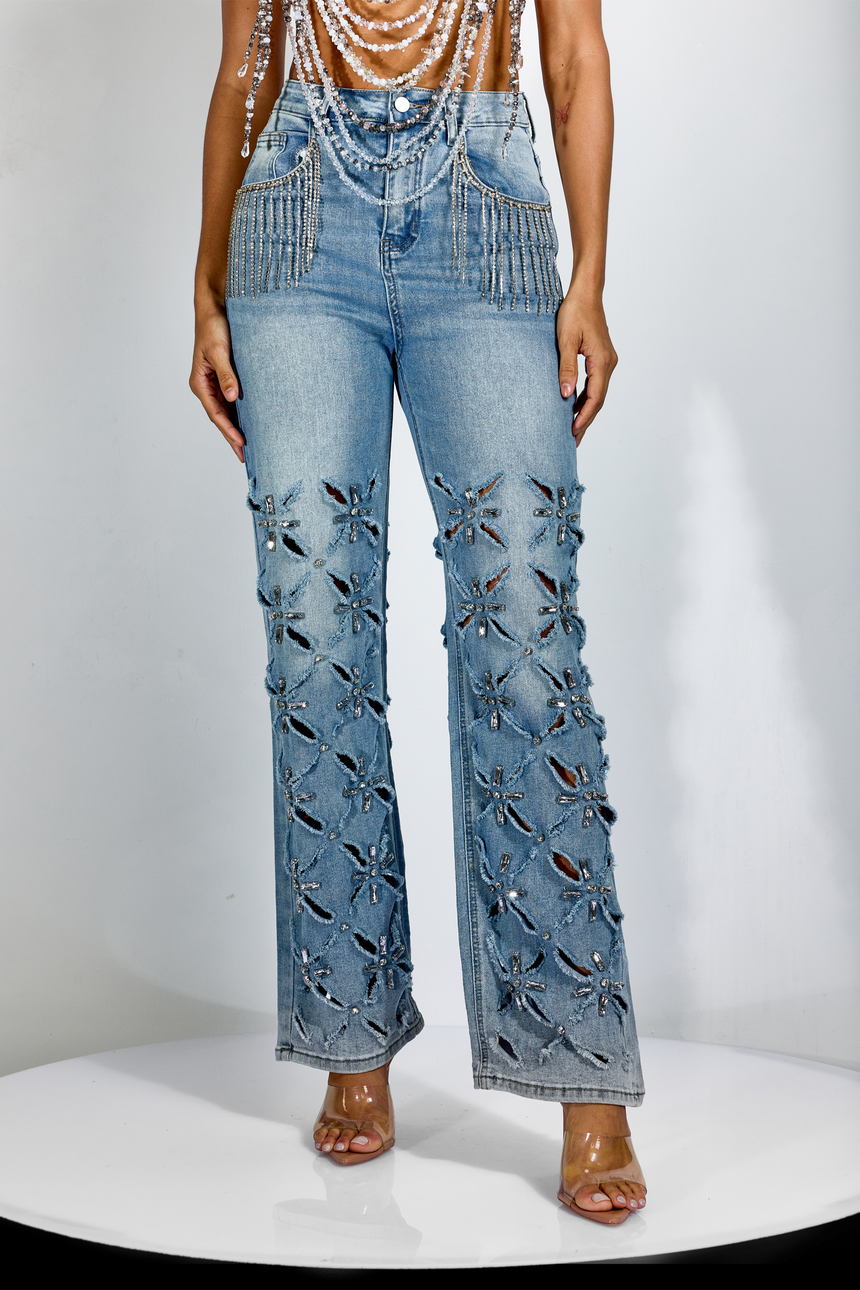 Faye Rhinestone Embellished Wide Leg Jeans