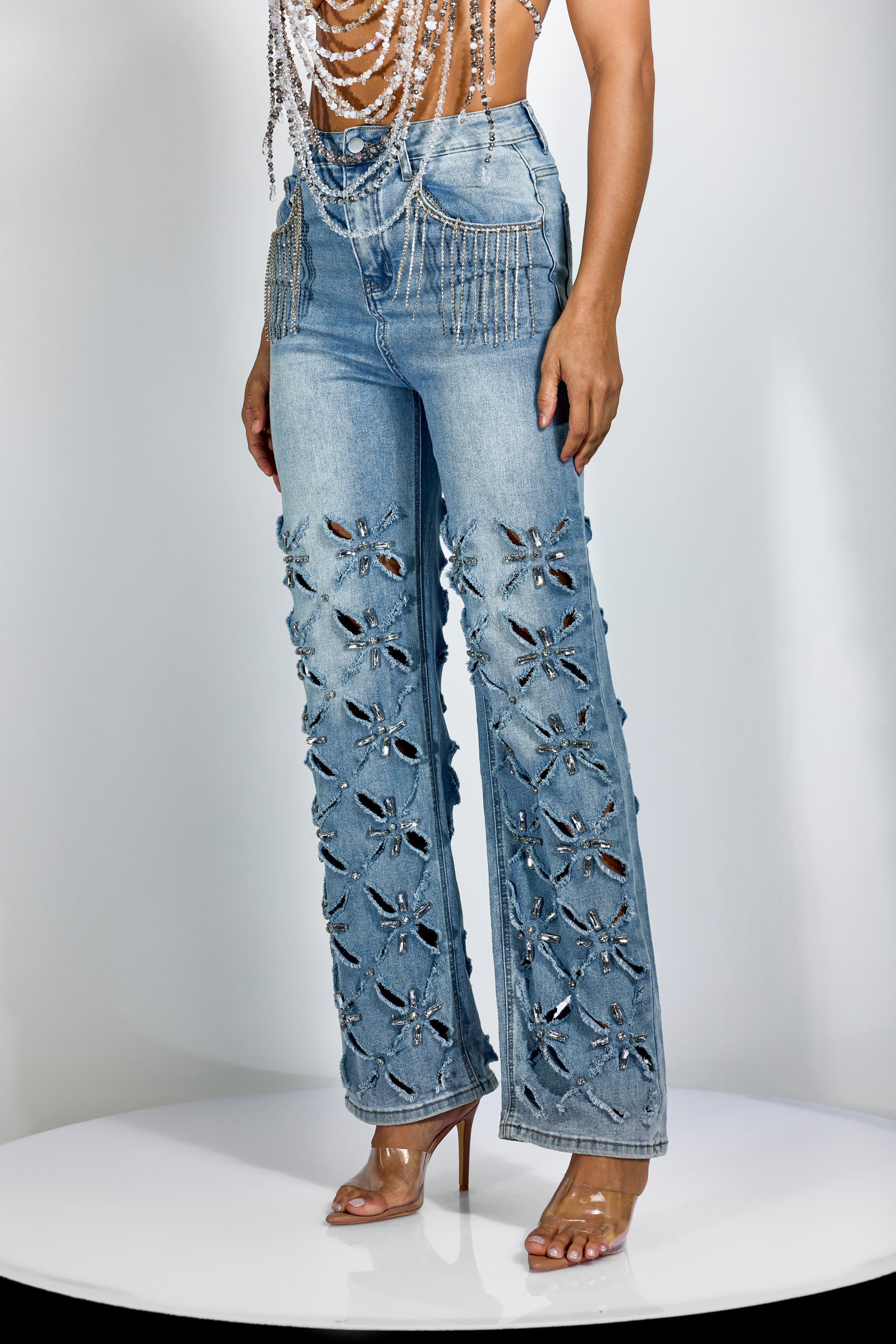 Faye Rhinestone Embellished Wide Leg Jeans