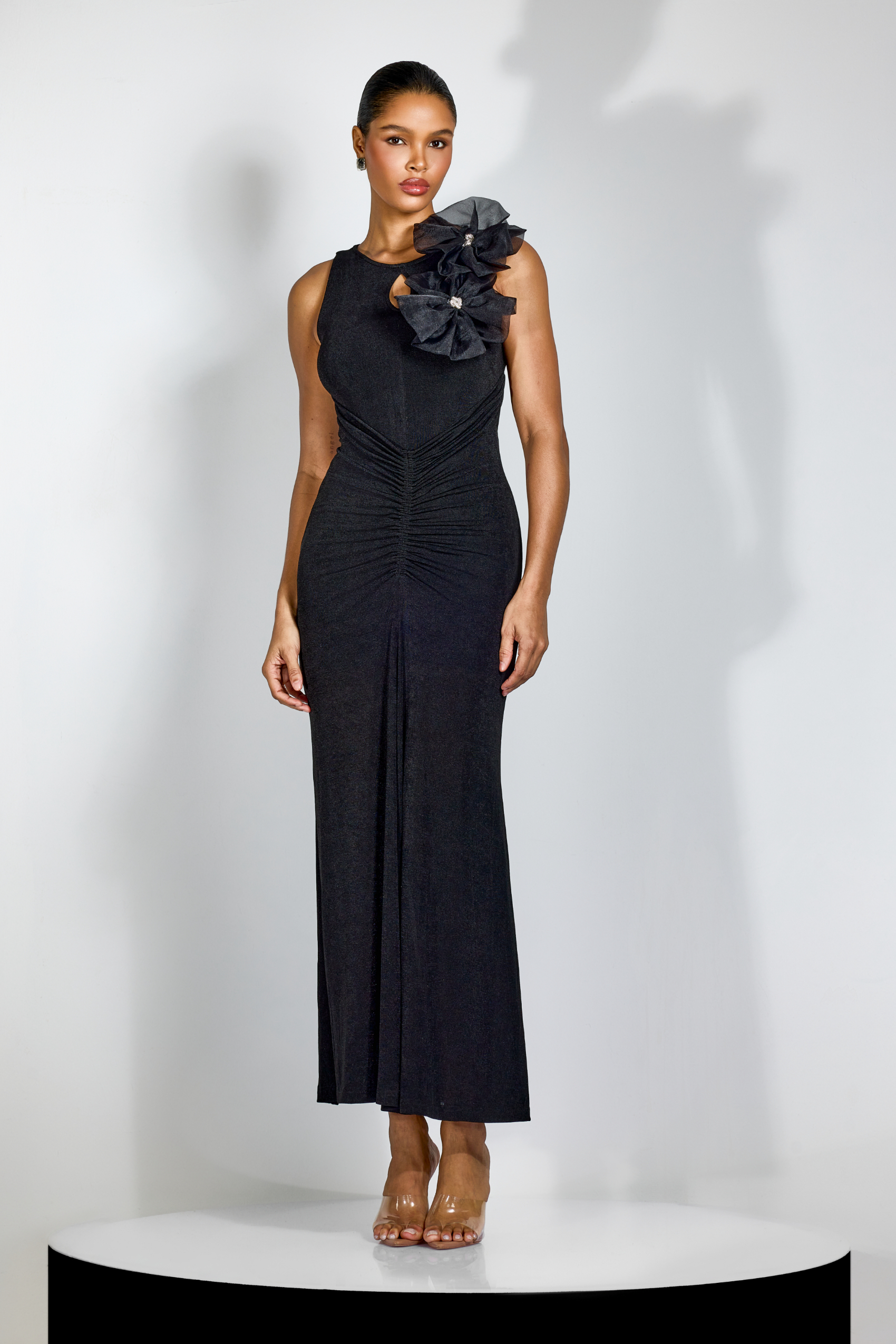 Miranda Floral Applique Ruched Maxi Dress