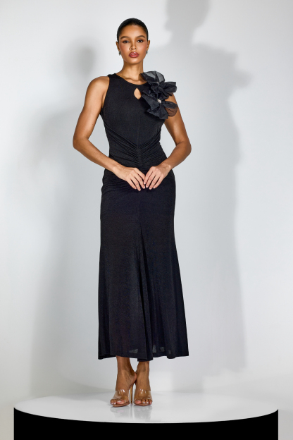 Miranda Floral Applique Ruched Maxi Dress