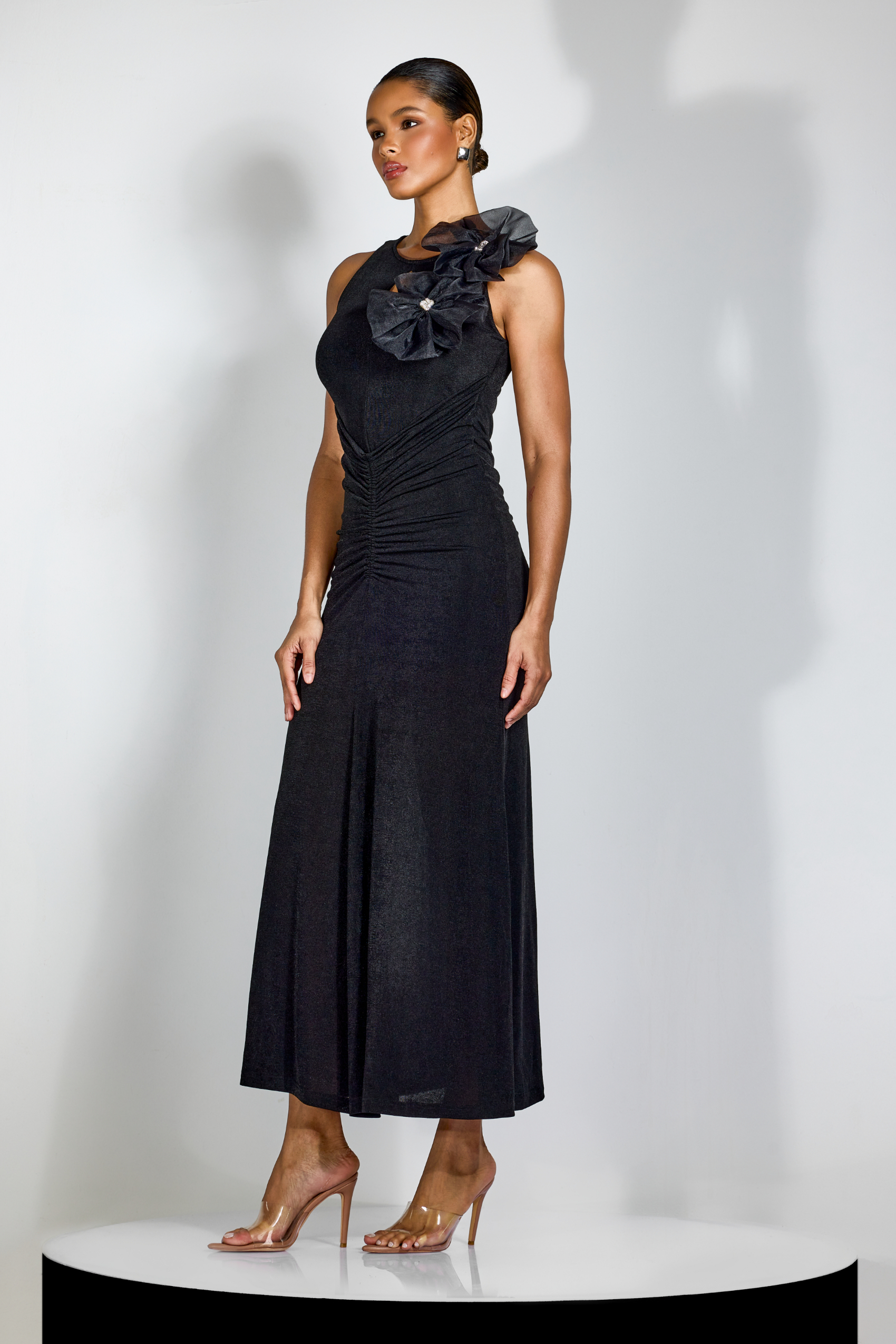 Miranda Floral Applique Ruched Maxi Dress