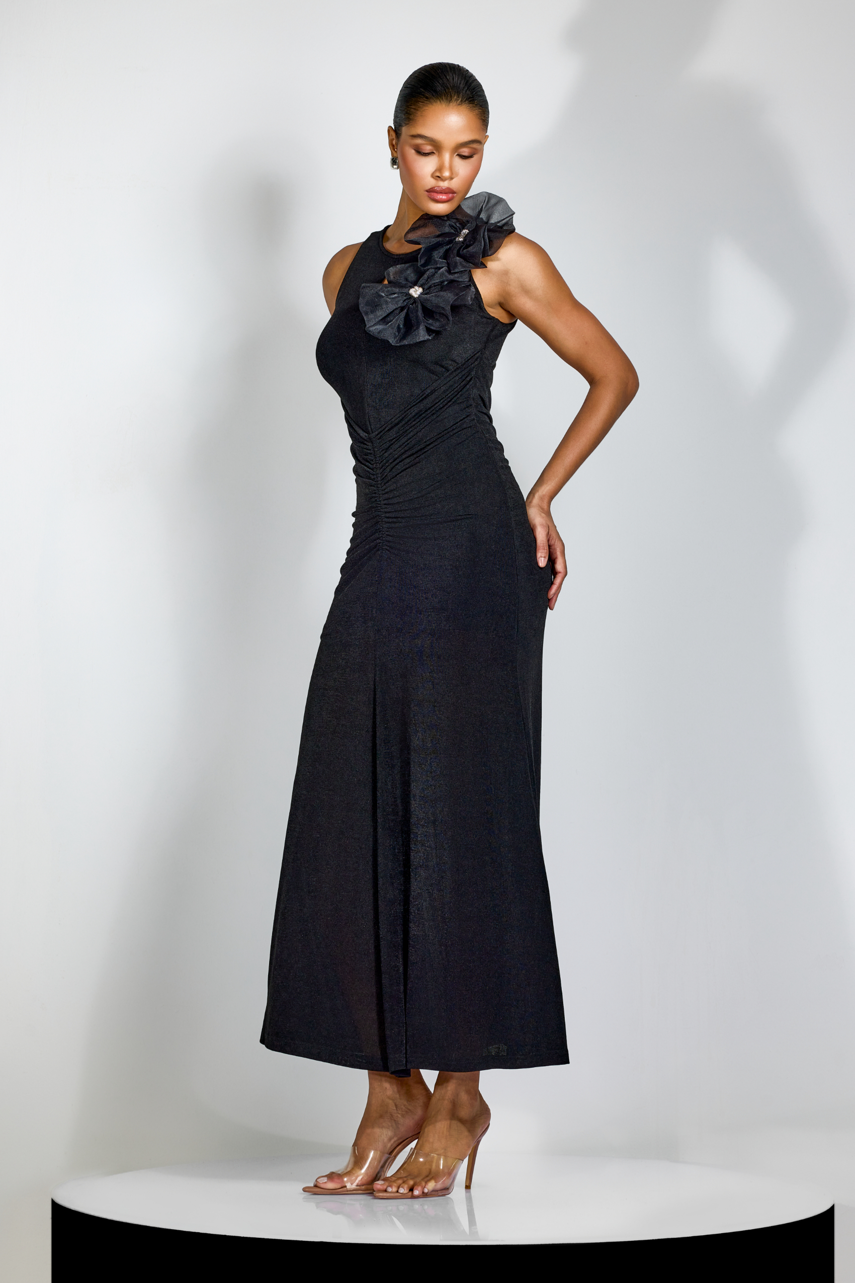 Miranda Floral Applique Ruched Maxi Dress