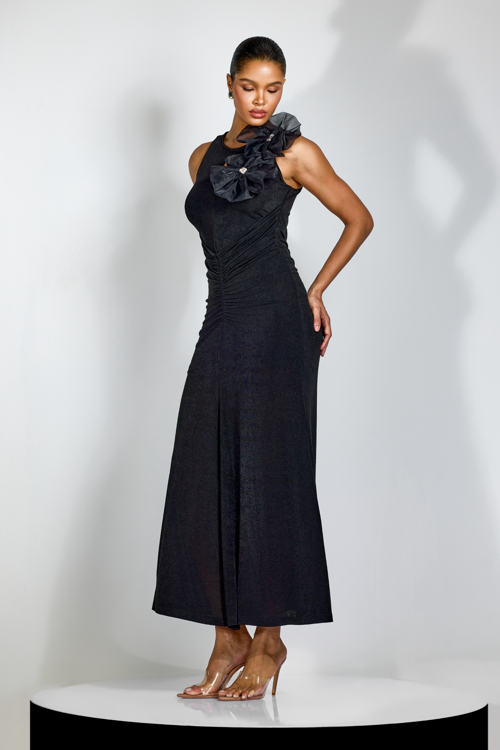 Miranda Floral Applique Ruched Maxi Dress