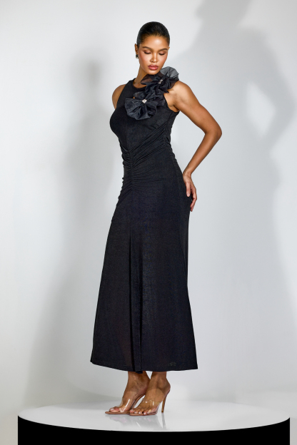 Miranda Floral Applique Ruched Maxi Dress