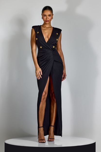 Karena Deep V-neck Ruched Maxi Dress