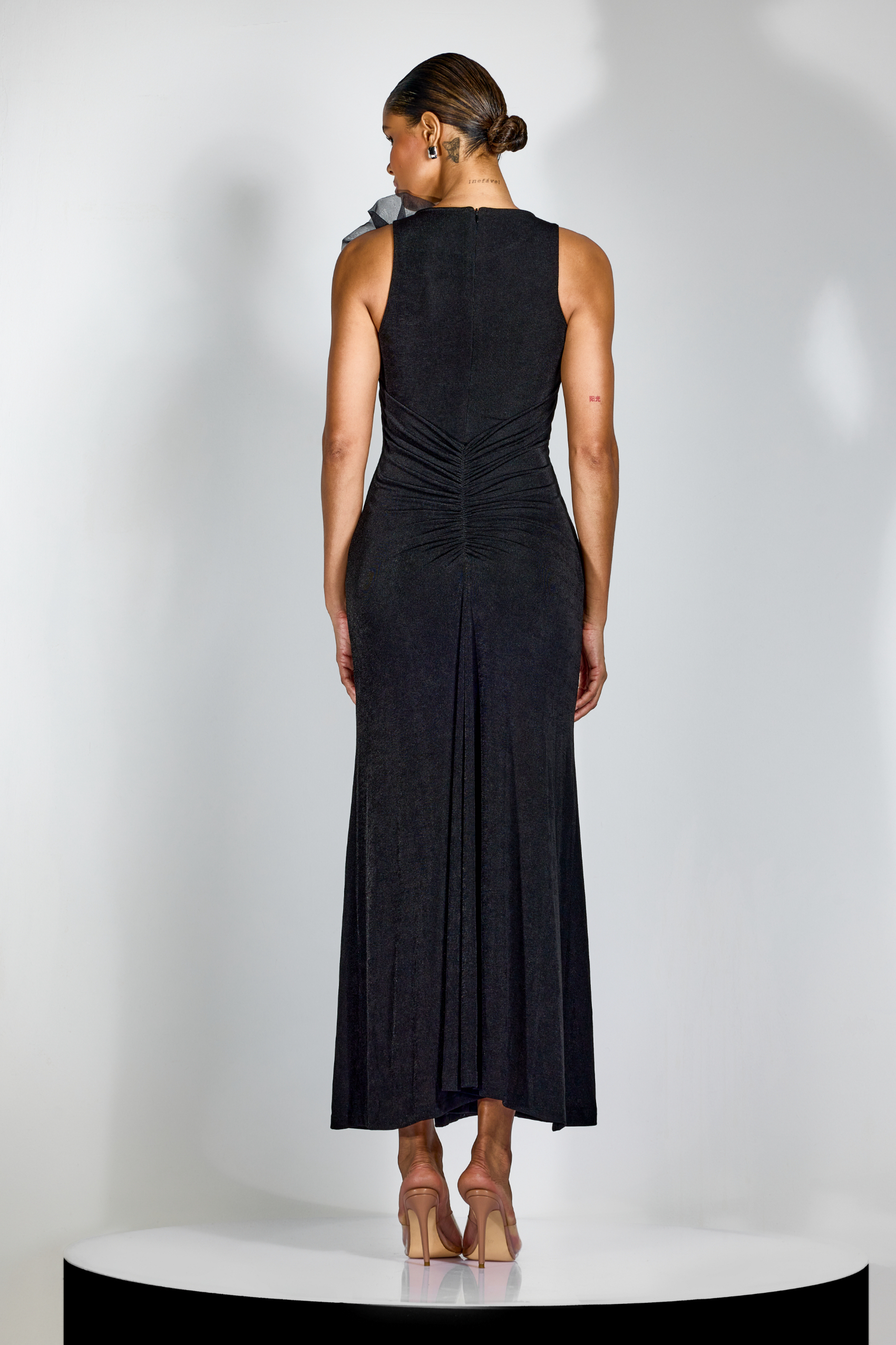 Miranda Floral Applique Ruched Maxi Dress