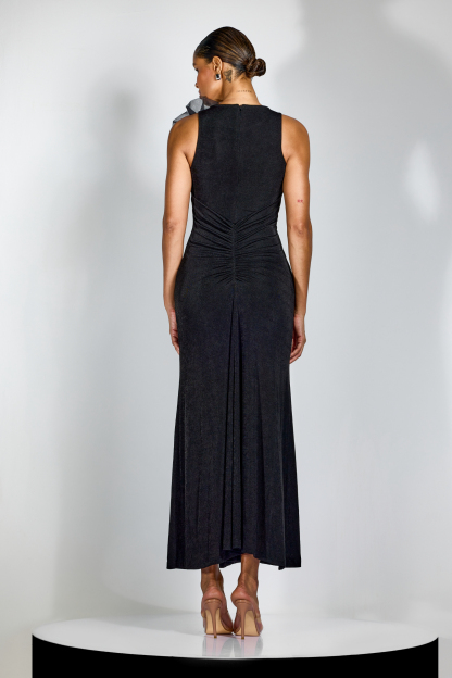 Miranda Floral Applique Ruched Maxi Dress