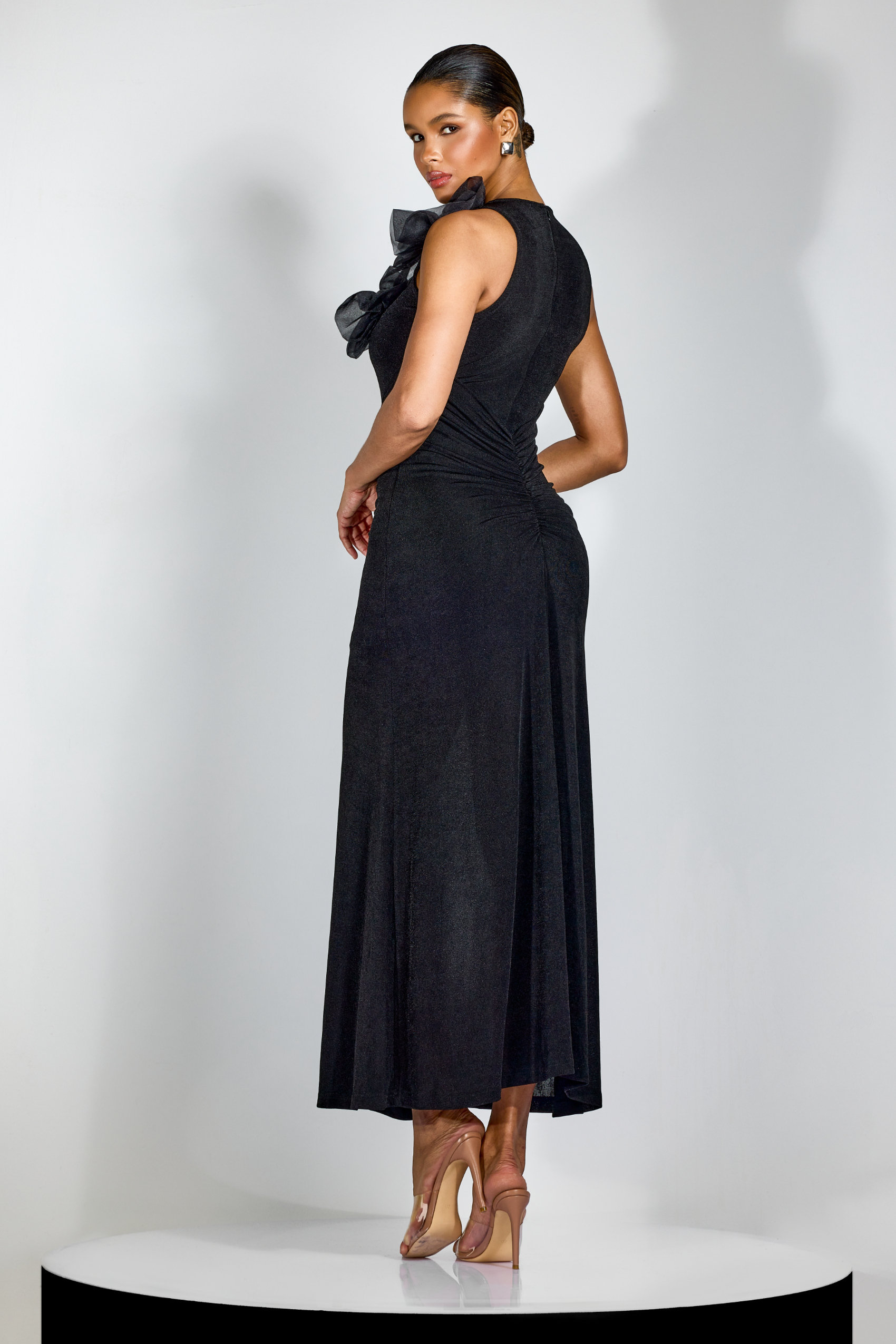 Miranda Floral Applique Ruched Maxi Dress