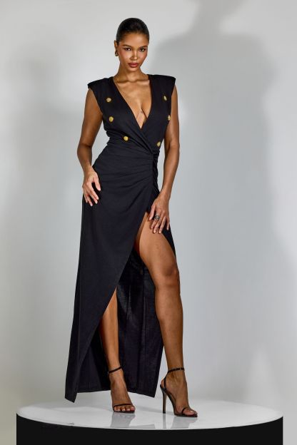 Karena Deep V-neck Ruched Maxi Dress