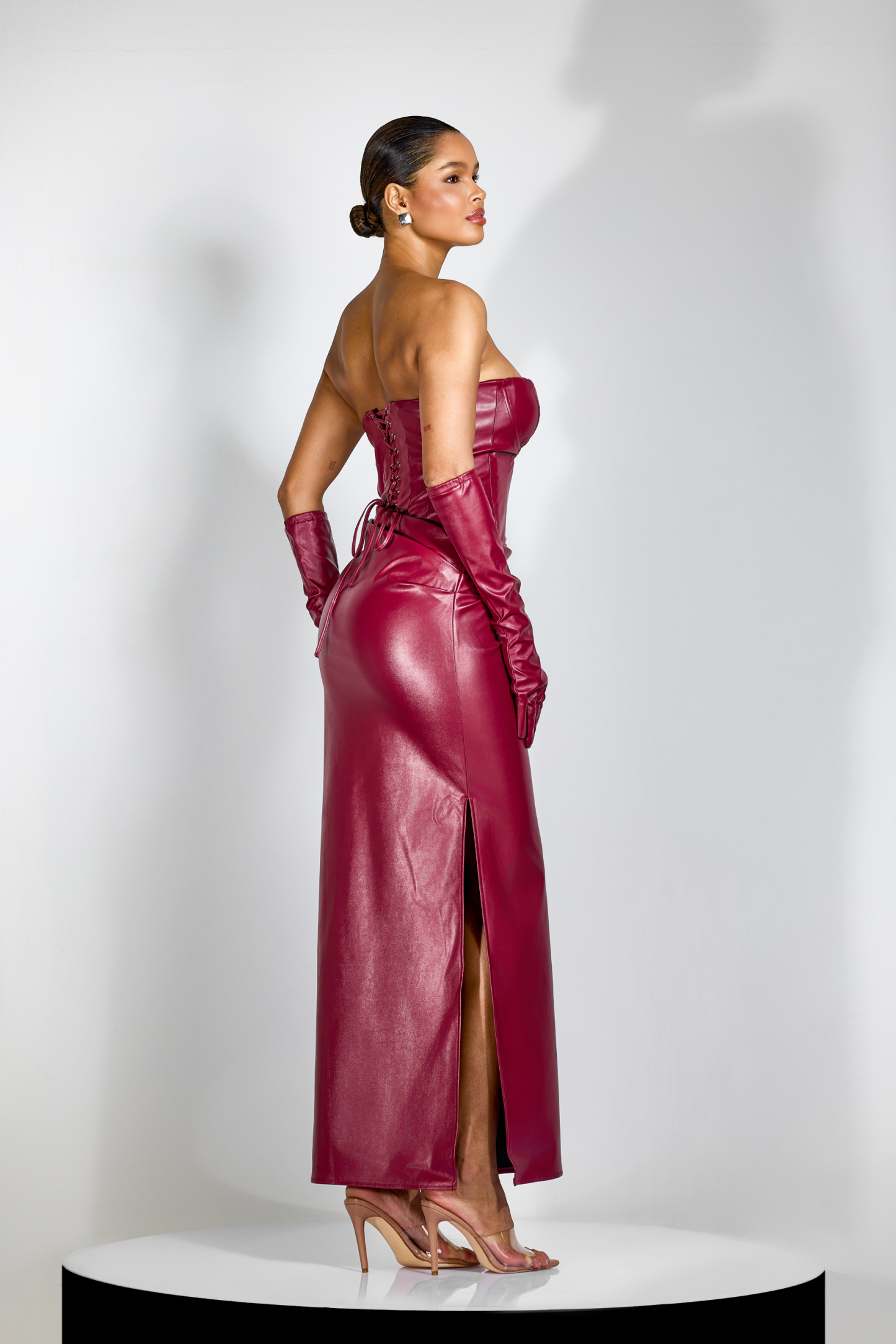 Denise Strapless Ruched Faux Leather Maxi Dress