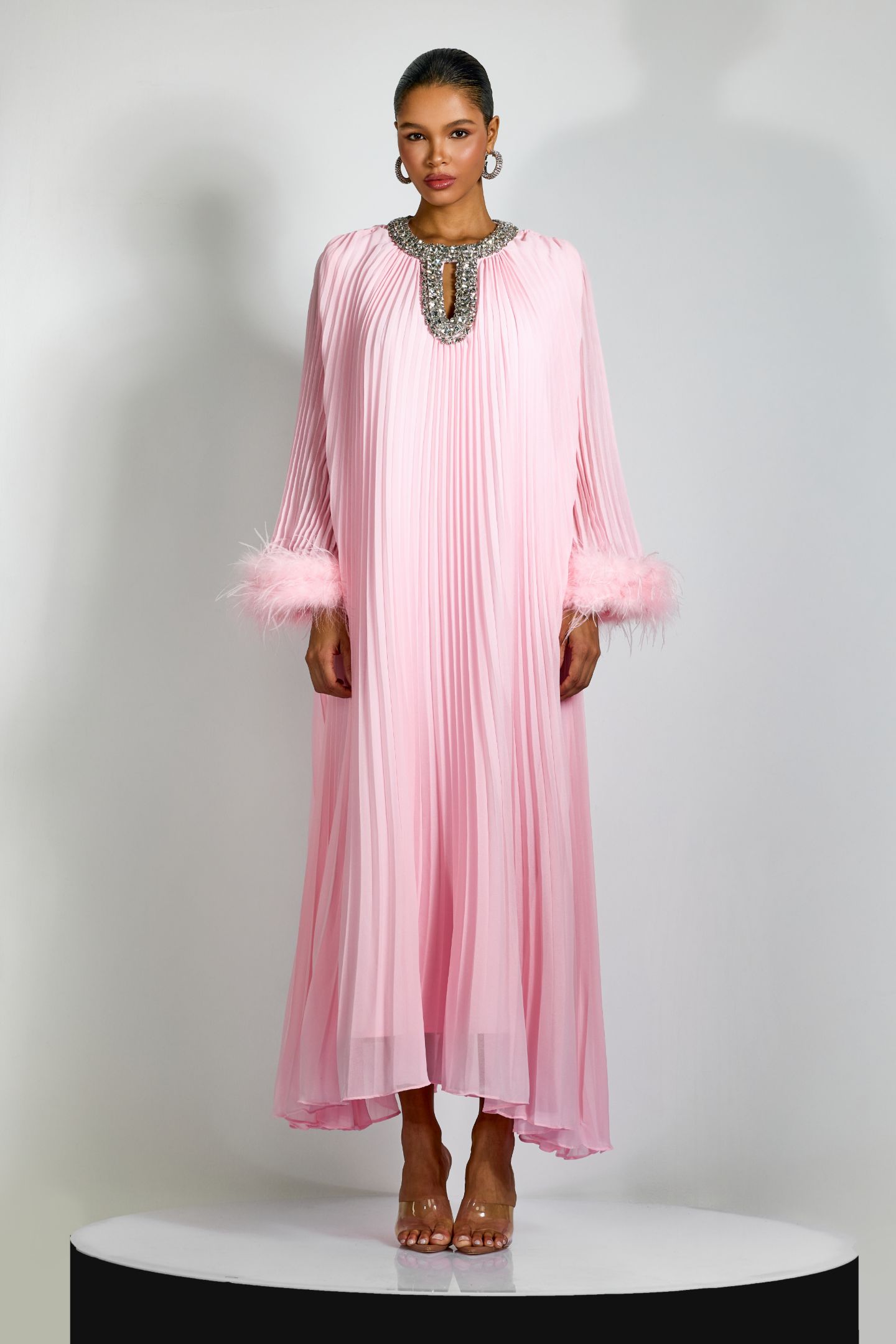 Yvonne Diamante Feathered Pleated Maxi Chiffon Dress