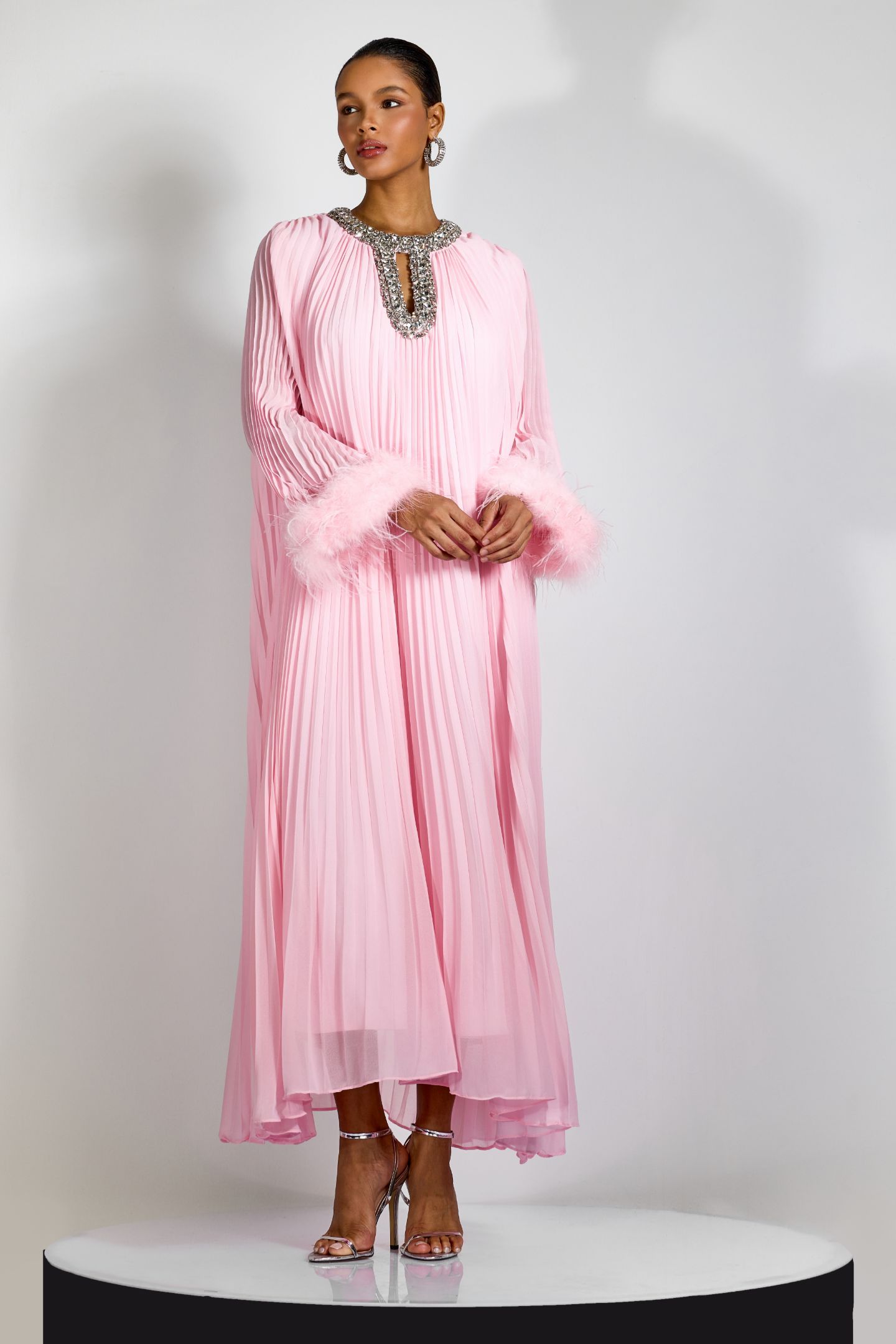 Yvonne Diamante Feathered Pleated Maxi Chiffon Dress