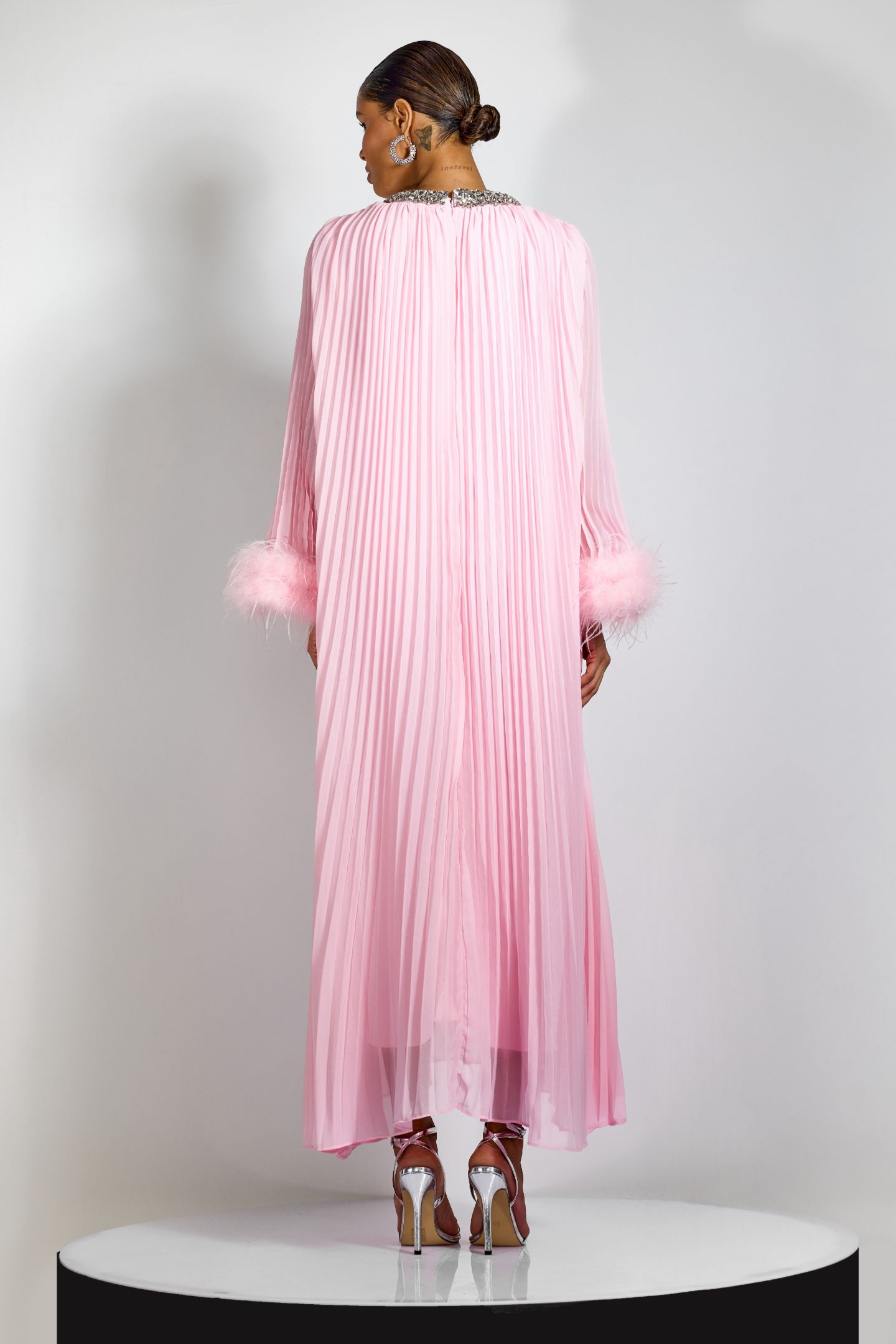 Yvonne Diamante Feathered Pleated Maxi Chiffon Dress