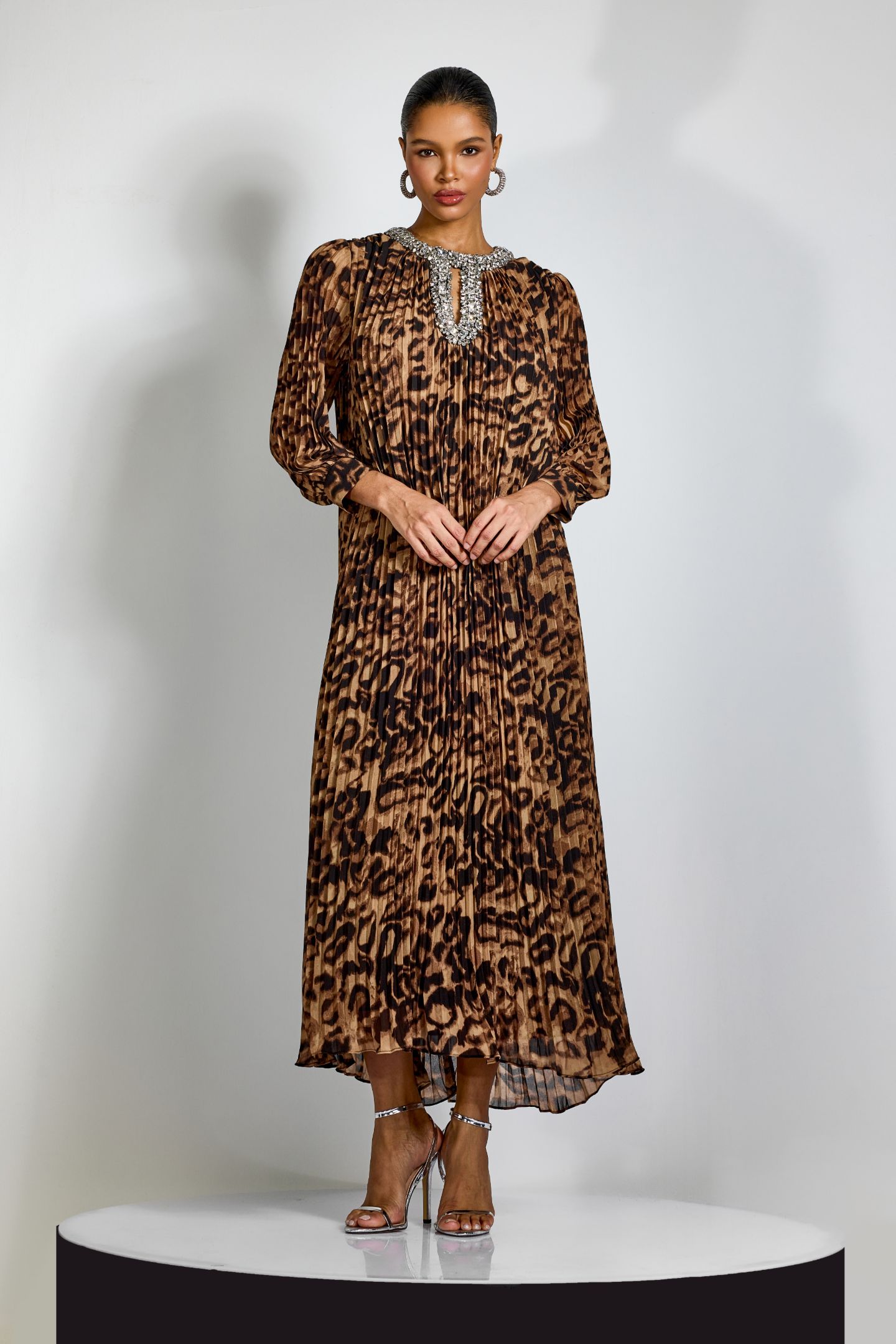 Marcia Leopard Print Pleated Maxi Dress