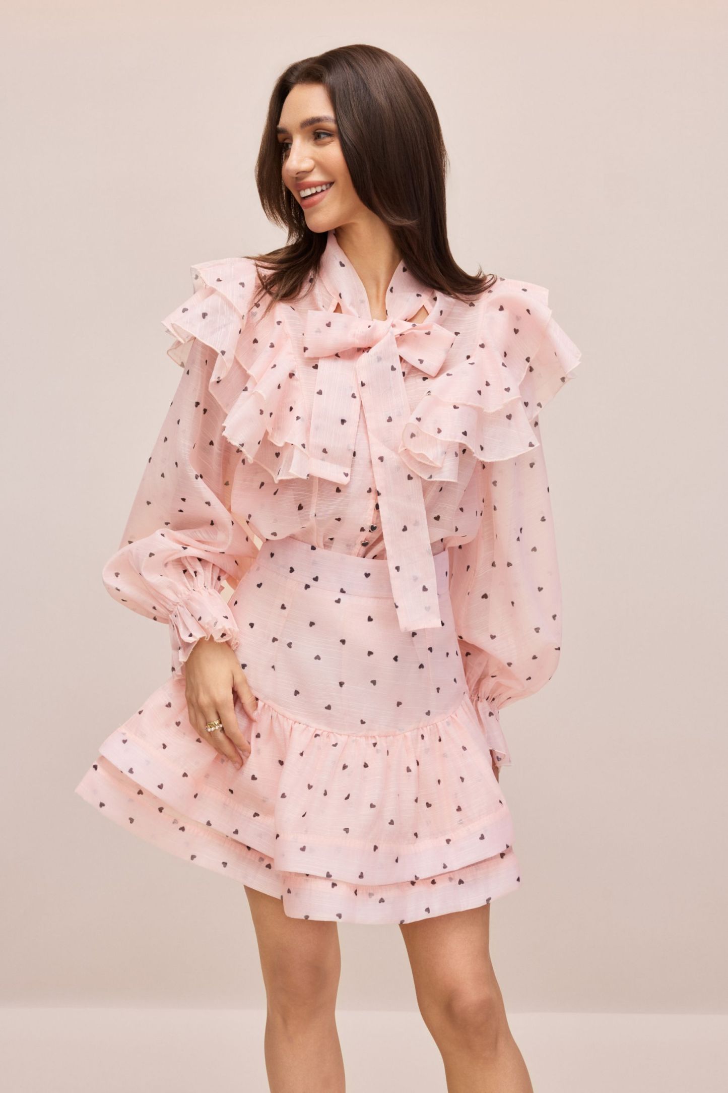 Juliana Heart Print Ruffle Blouse & Mini Skirt Set