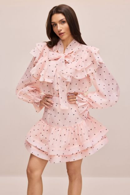 Juliana Heart Print Ruffle Blouse & Mini Skirt Set