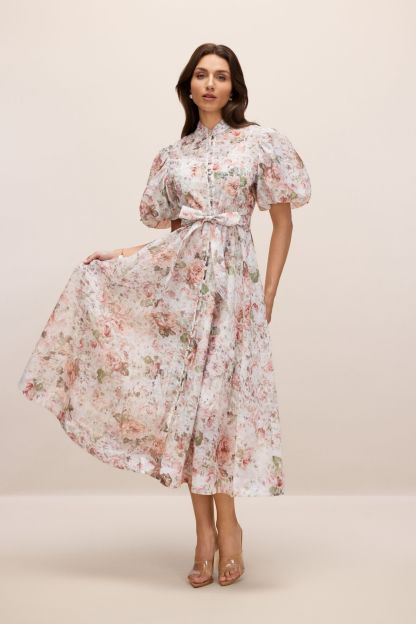 Serena Floral Print Puff Sleeve Midi Dress