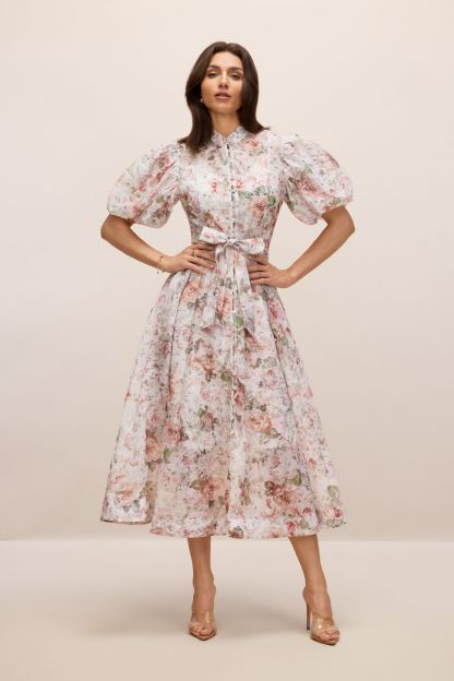Serena Floral Print Puff Sleeve Midi Dress