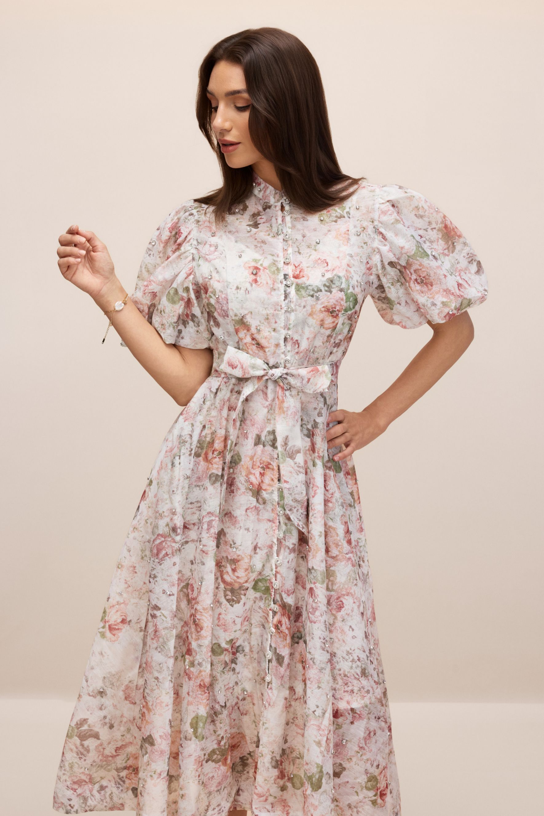 Serena Floral Print Puff Sleeve Midi Dress