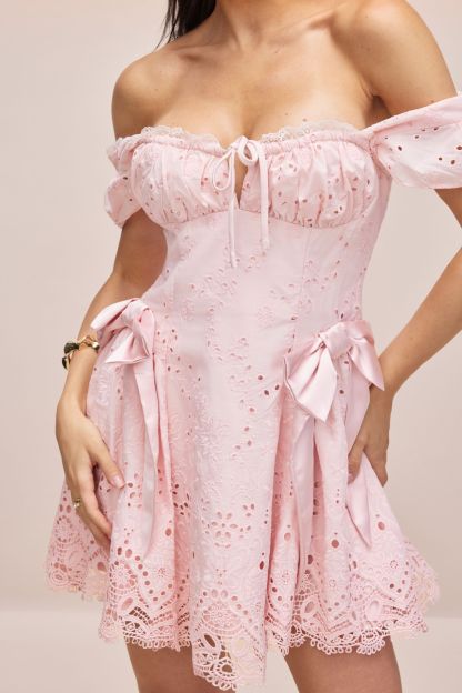Naomi Embroidered Lace Off Shoulder Mini Dress