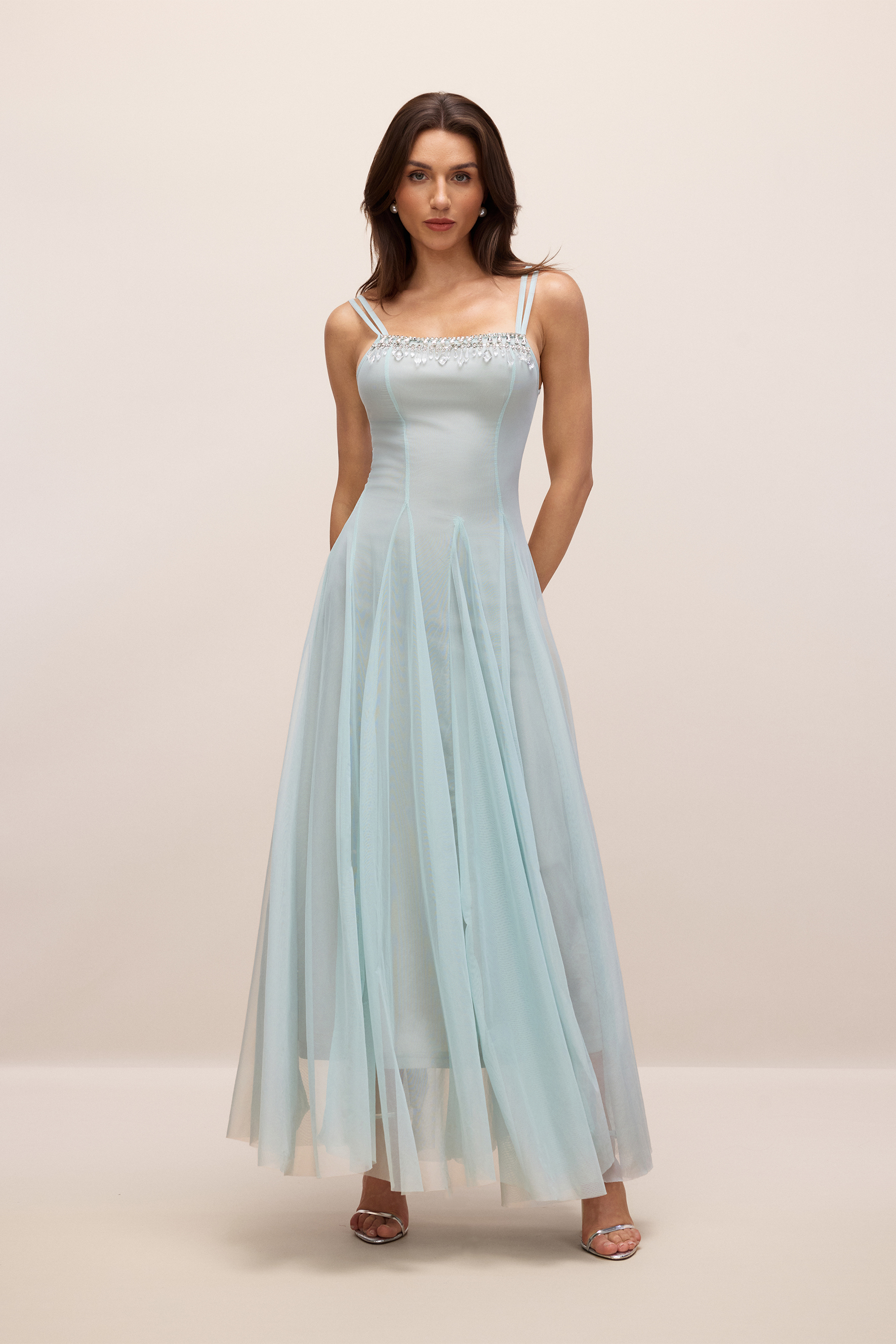 sunfere Agatha Crystal Embellished Tulle Maxi Dress