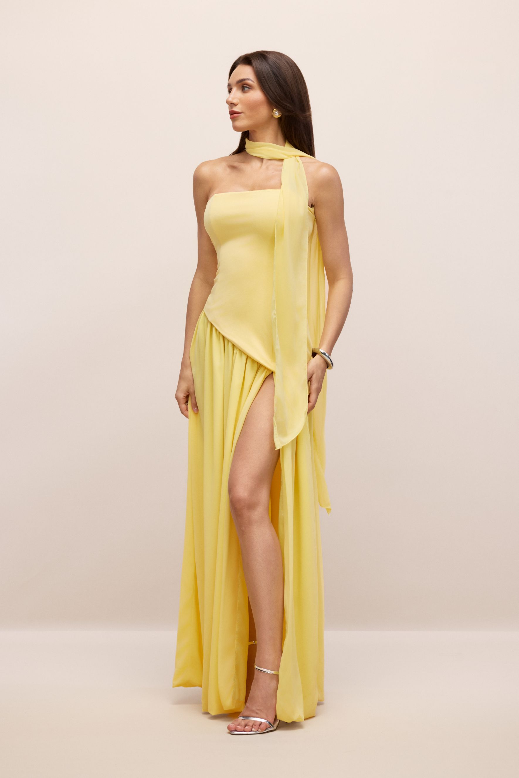 Paula High Slit Asymmetric Maxi Dress with Scarf