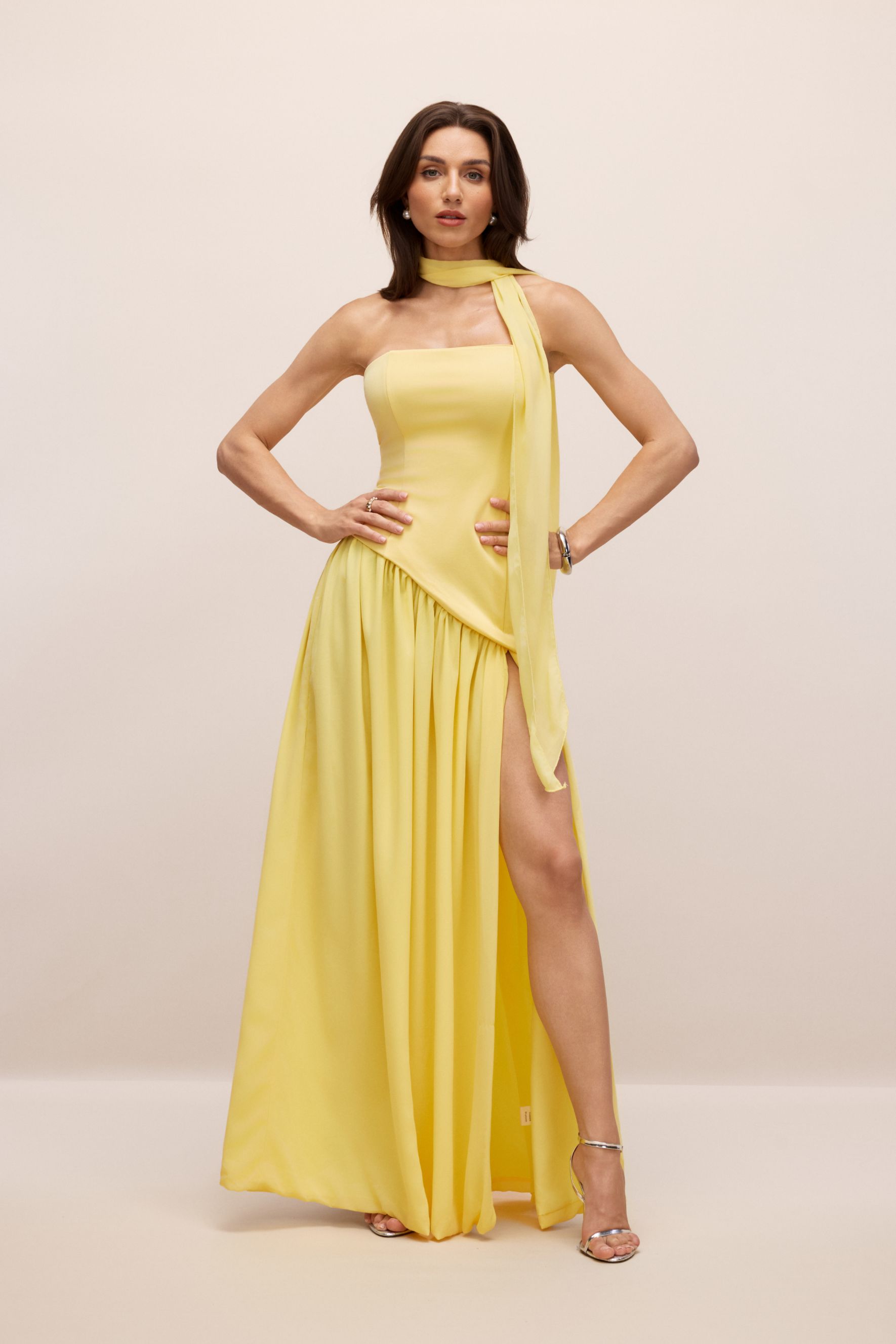Paula High Slit Asymmetric Maxi Dress with Scarf