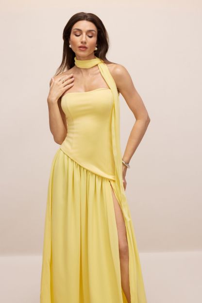 Paula High Slit Asymmetric Maxi Dress with Scarf