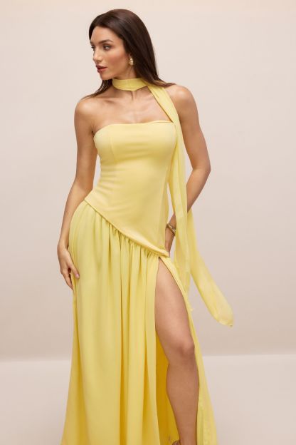Paula High Slit Asymmetric Maxi Dress with Scarf
