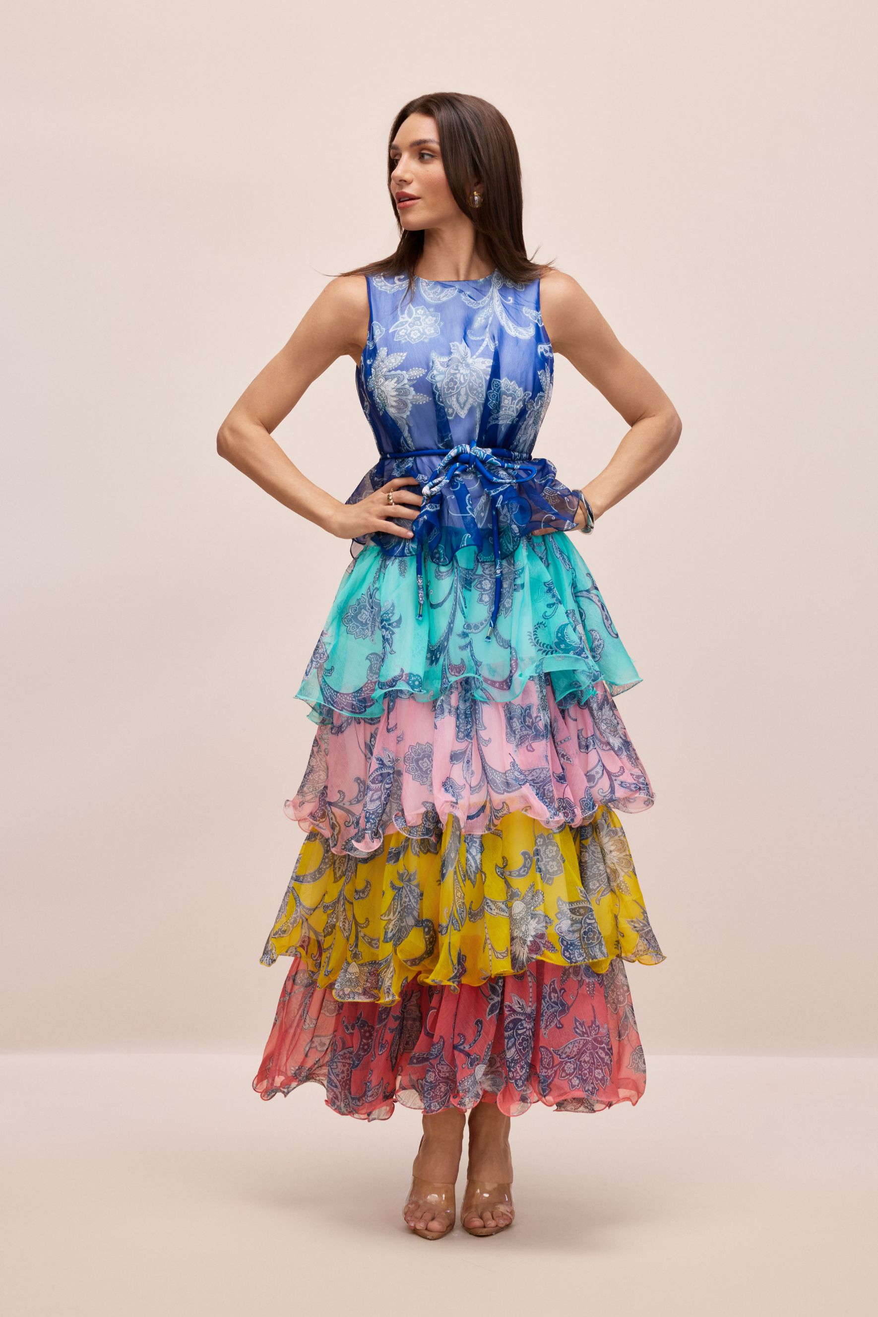 Cynthia Printed Tiered Ruffle Maxi Dress