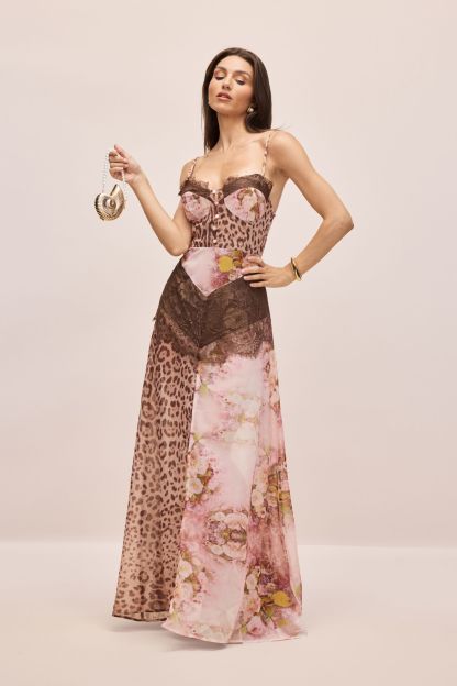 Jeanne Leopard Print Lace Trim Maxi Dress