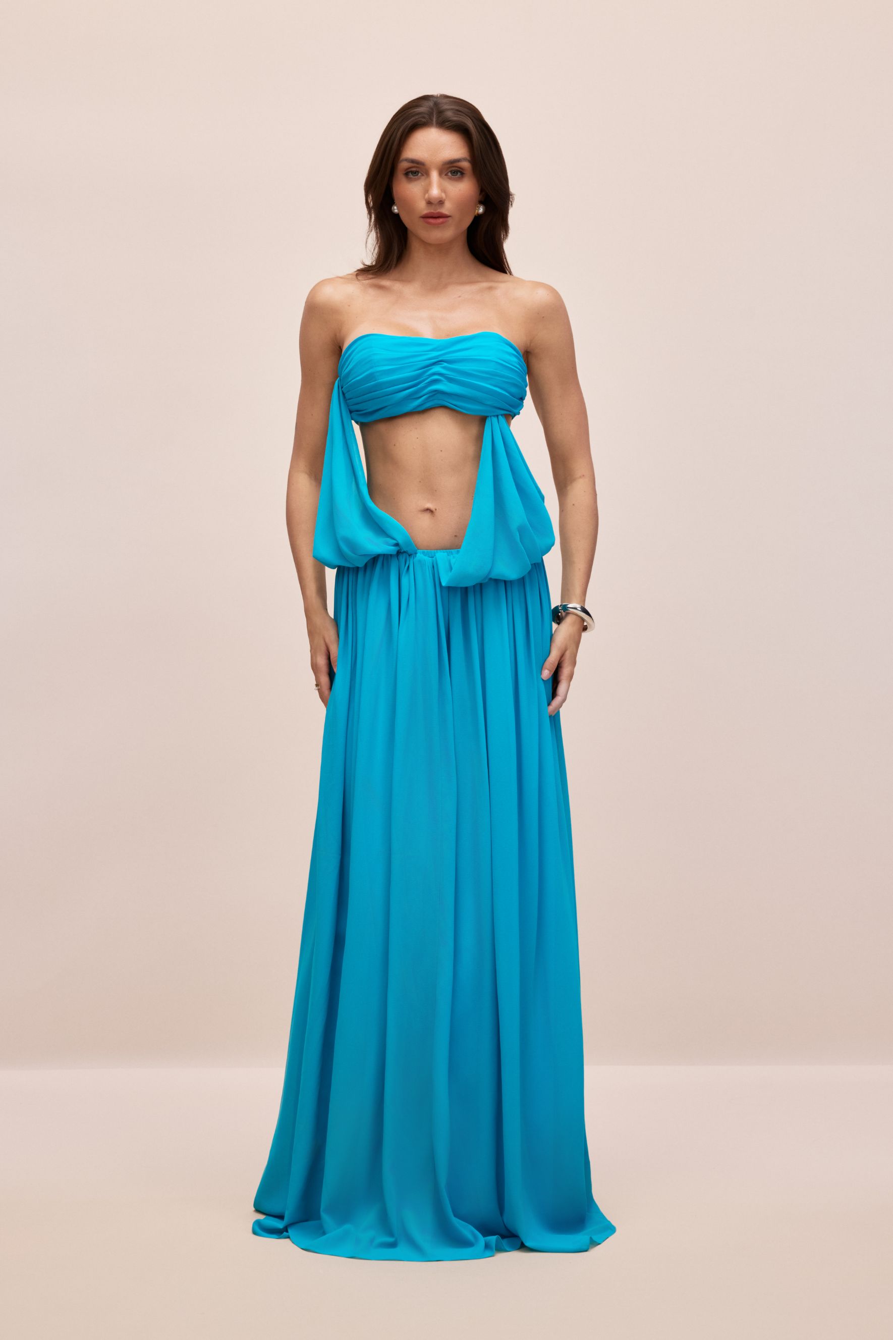 Eugenia Asymmetric Draped Cape Sleeve Maxi Dress
