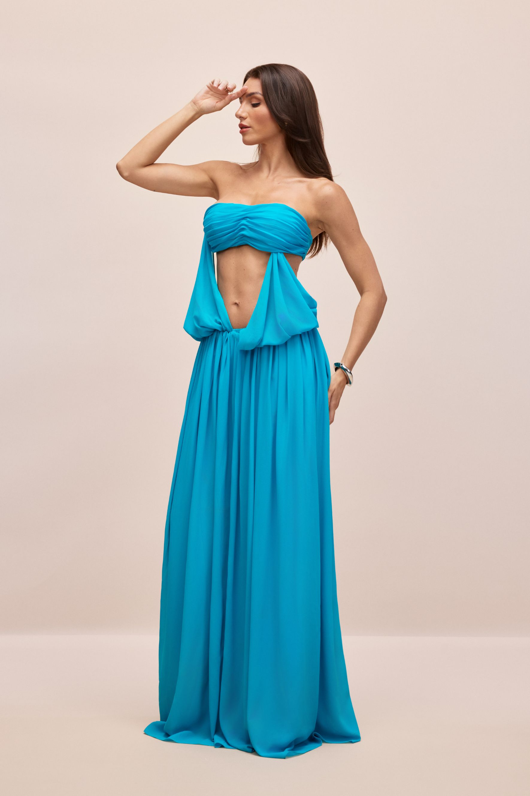 Eugenia Asymmetric Draped Cape Sleeve Maxi Dress