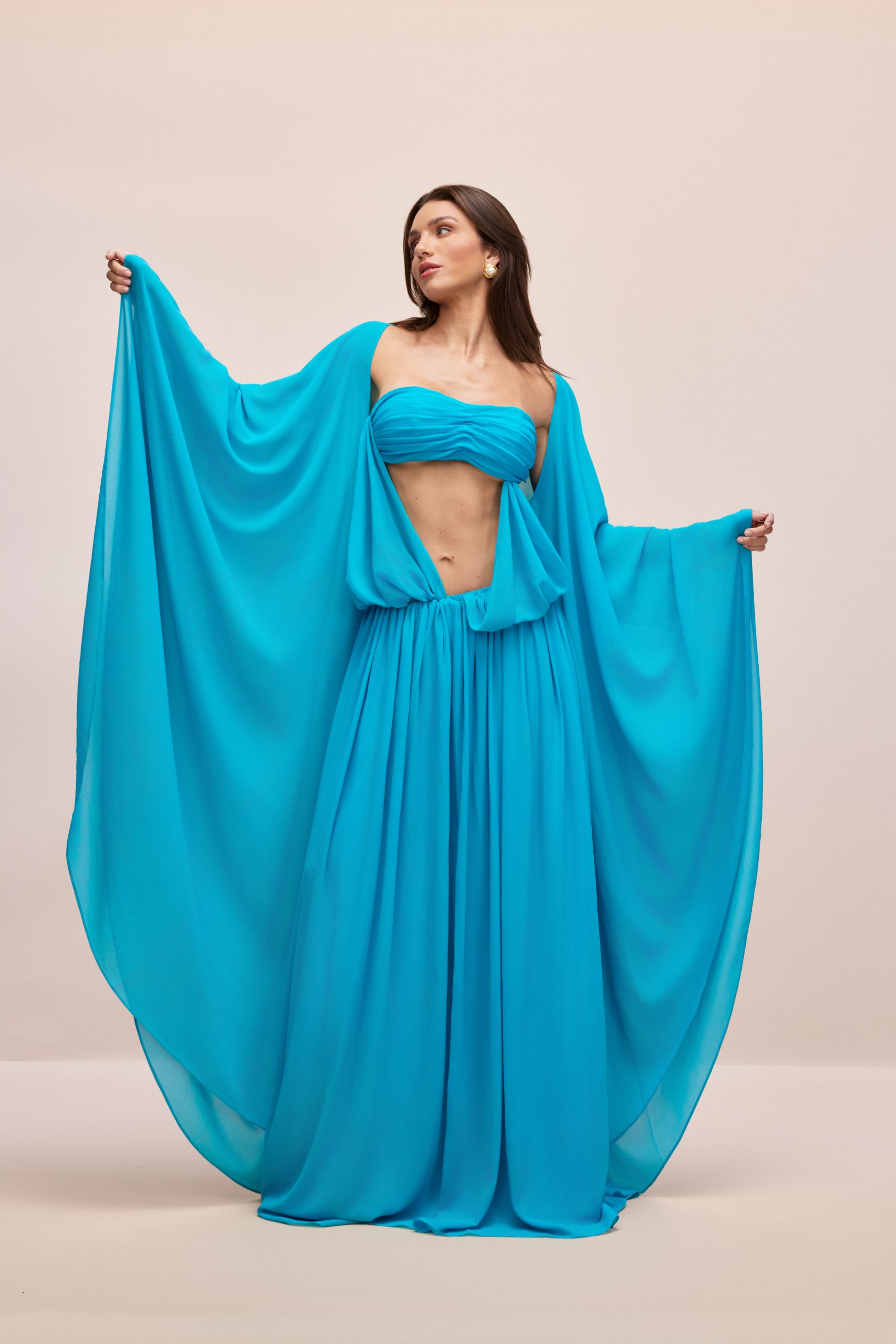 Eugenia Asymmetric Draped Cape Sleeve Maxi Dress