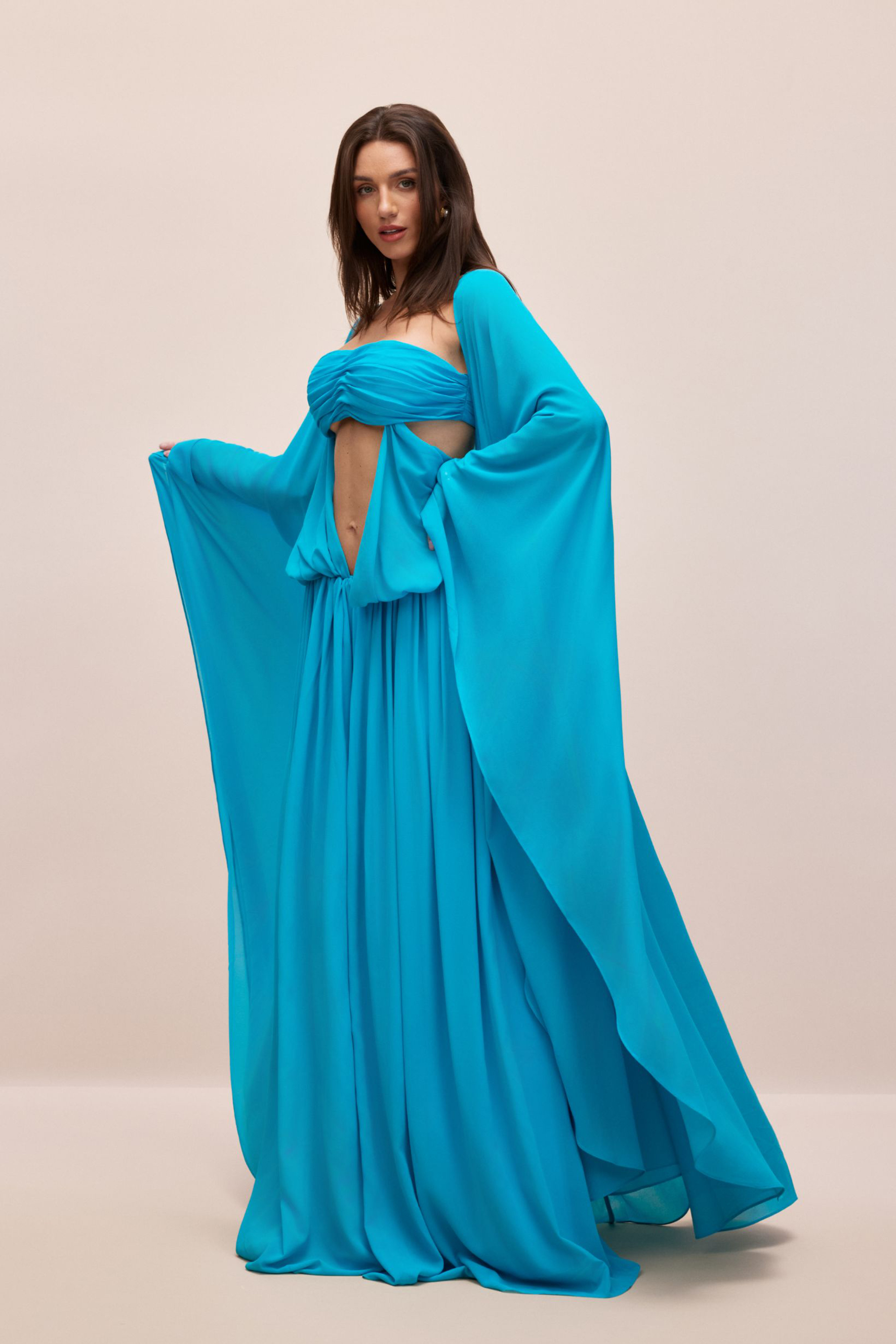 Eugenia Asymmetric Draped Cape Sleeve Maxi Dress