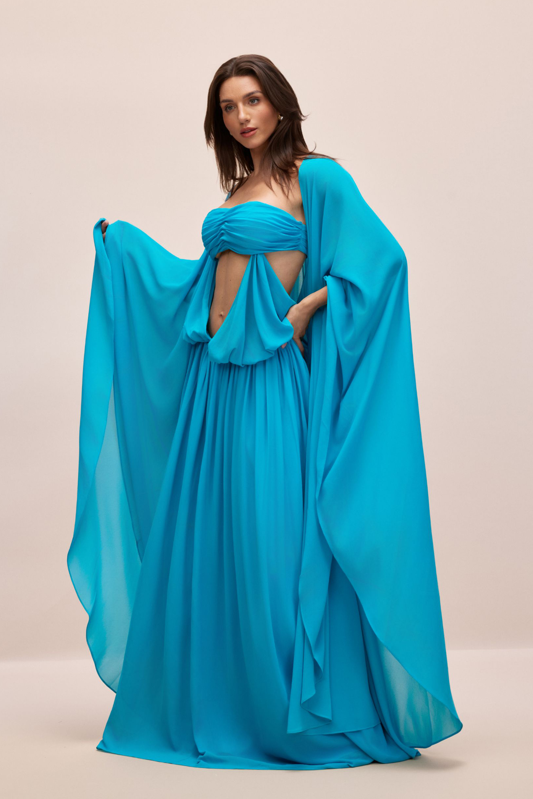 Eugenia Asymmetric Draped Cape Sleeve Maxi Dress