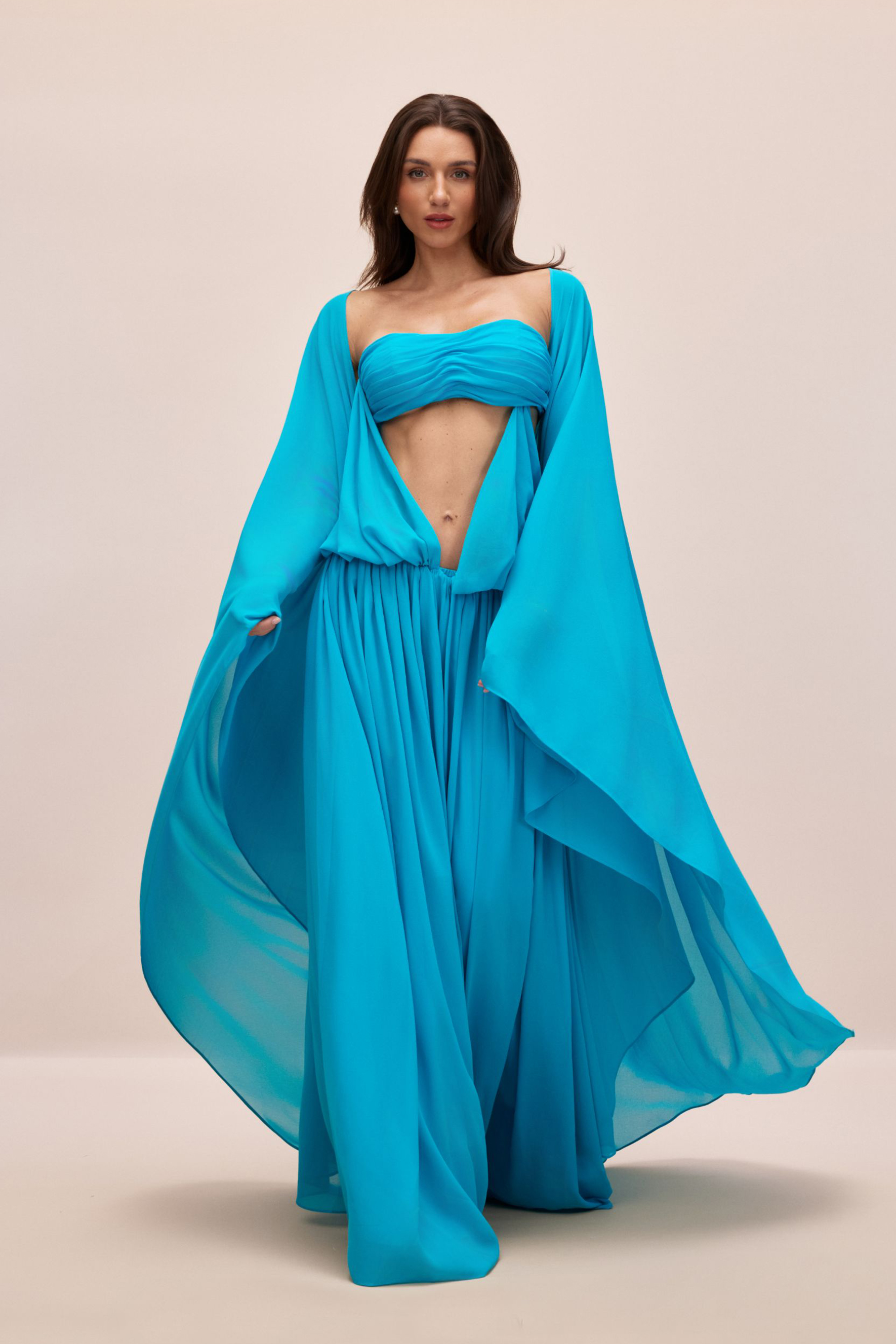 Eugenia Asymmetric Draped Cape Sleeve Maxi Dress