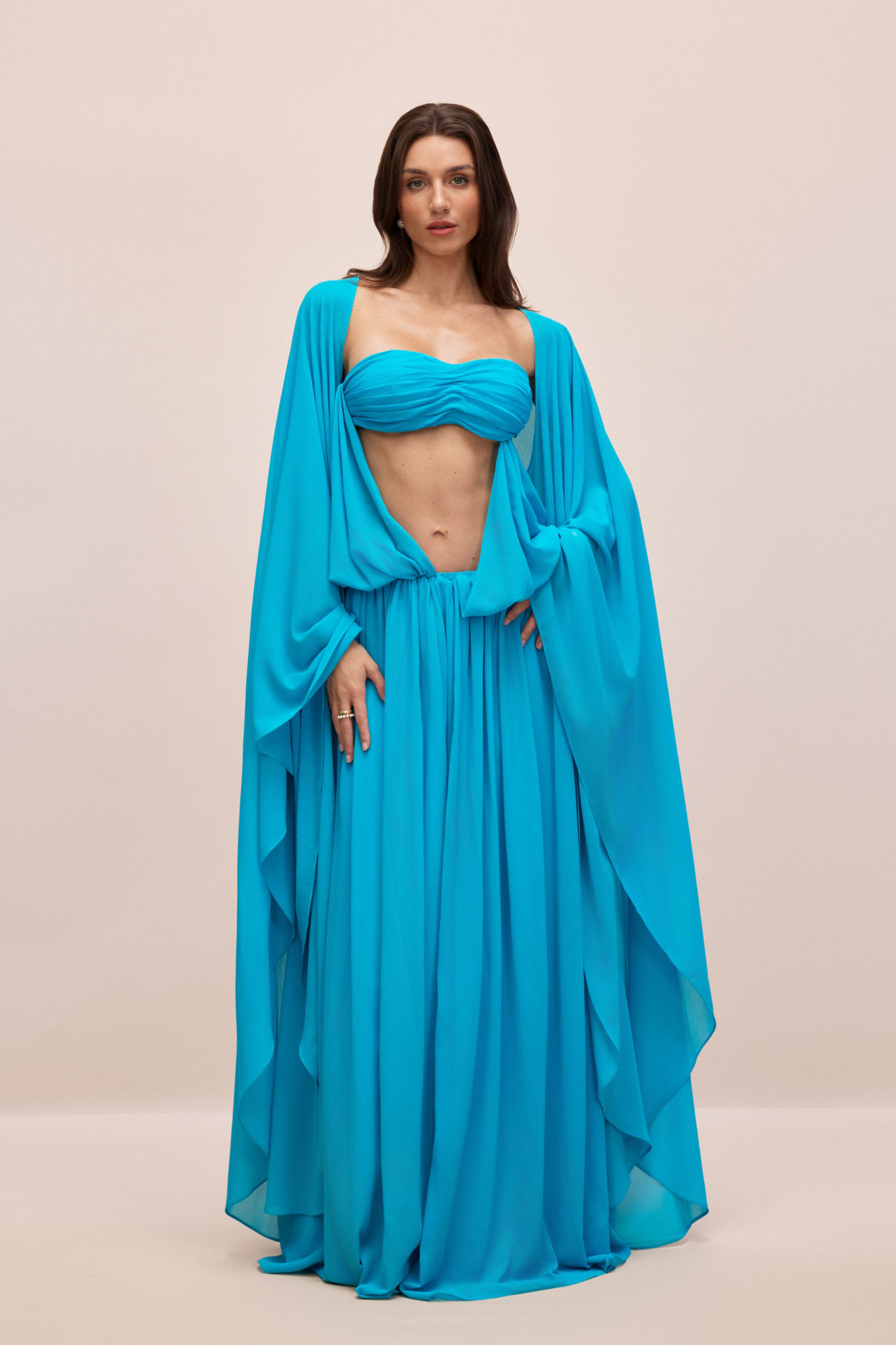 Eugenia Asymmetric Draped Cape Sleeve Maxi Dress