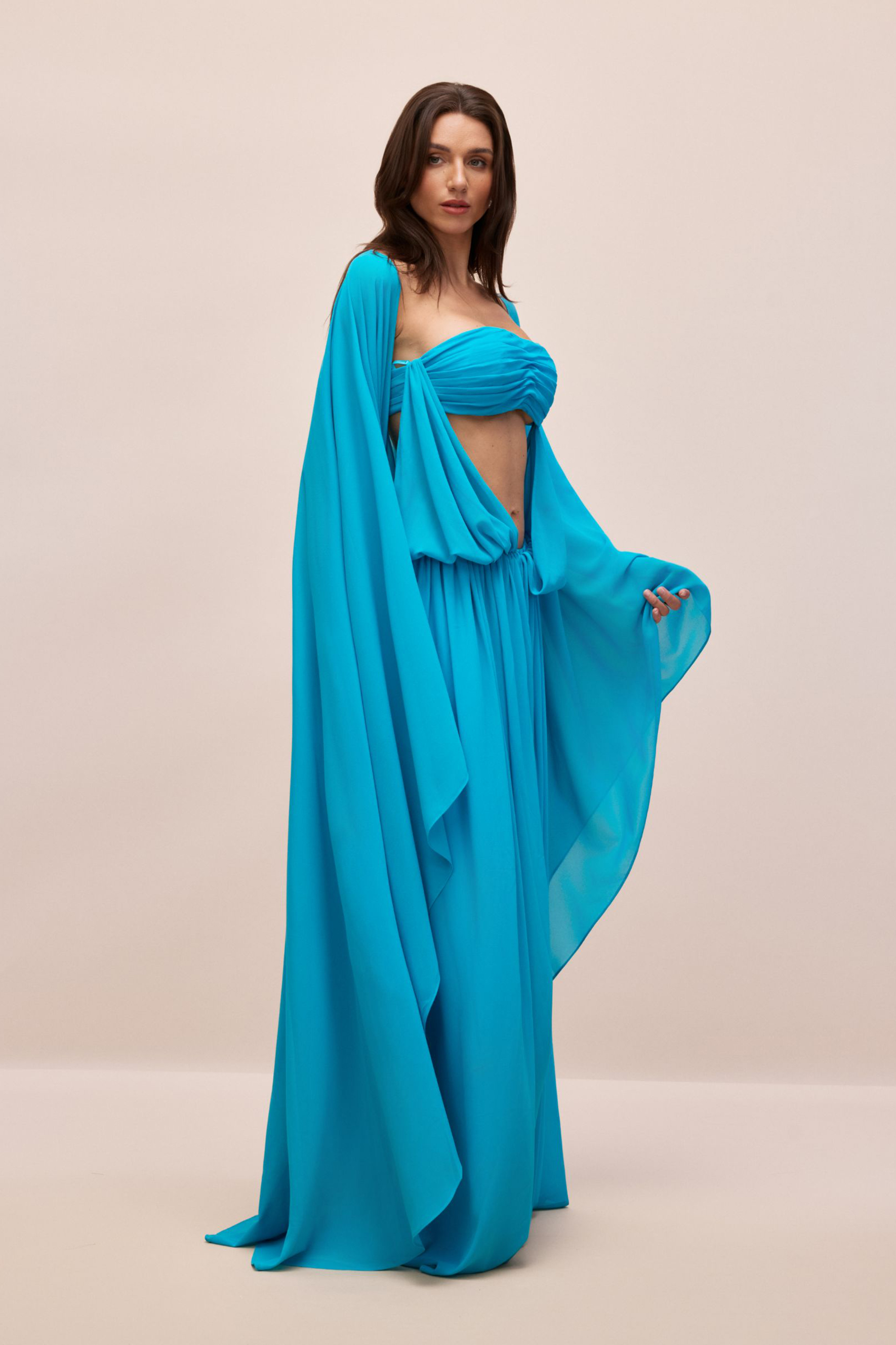 Eugenia Asymmetric Draped Cape Sleeve Maxi Dress
