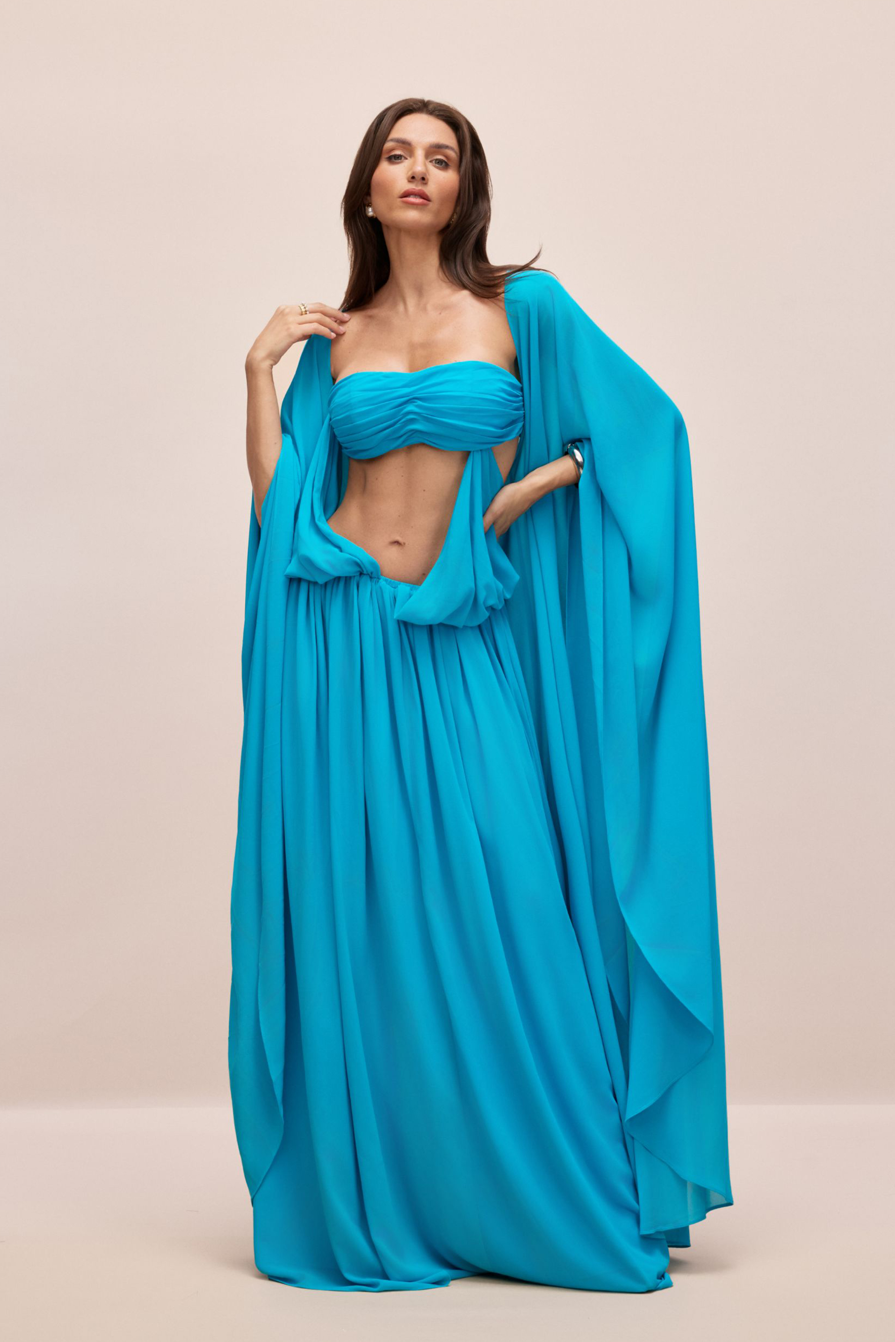 Eugenia Asymmetric Draped Cape Sleeve Maxi Dress