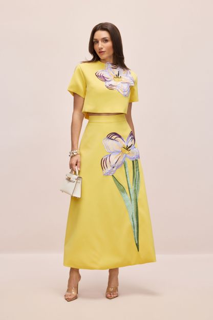 Angelica Floral Applique Short Sleeve Top & Skirt Set