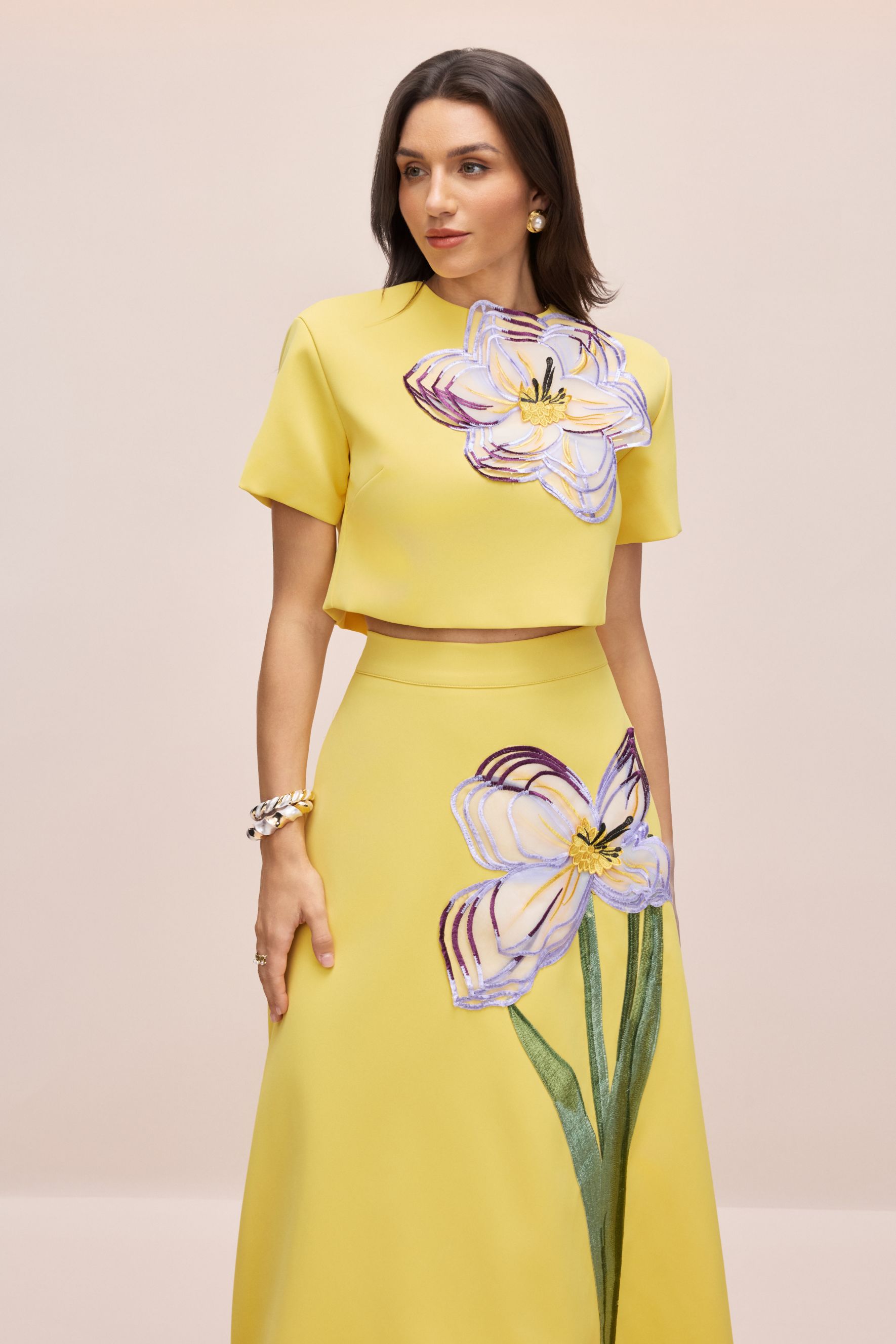 Angelica Floral Applique Short Sleeve Top & Skirt Set