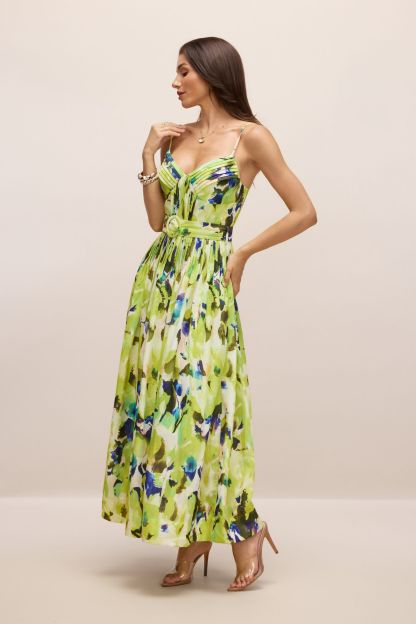 Zora Abstract Print Pleated Maxi Dress