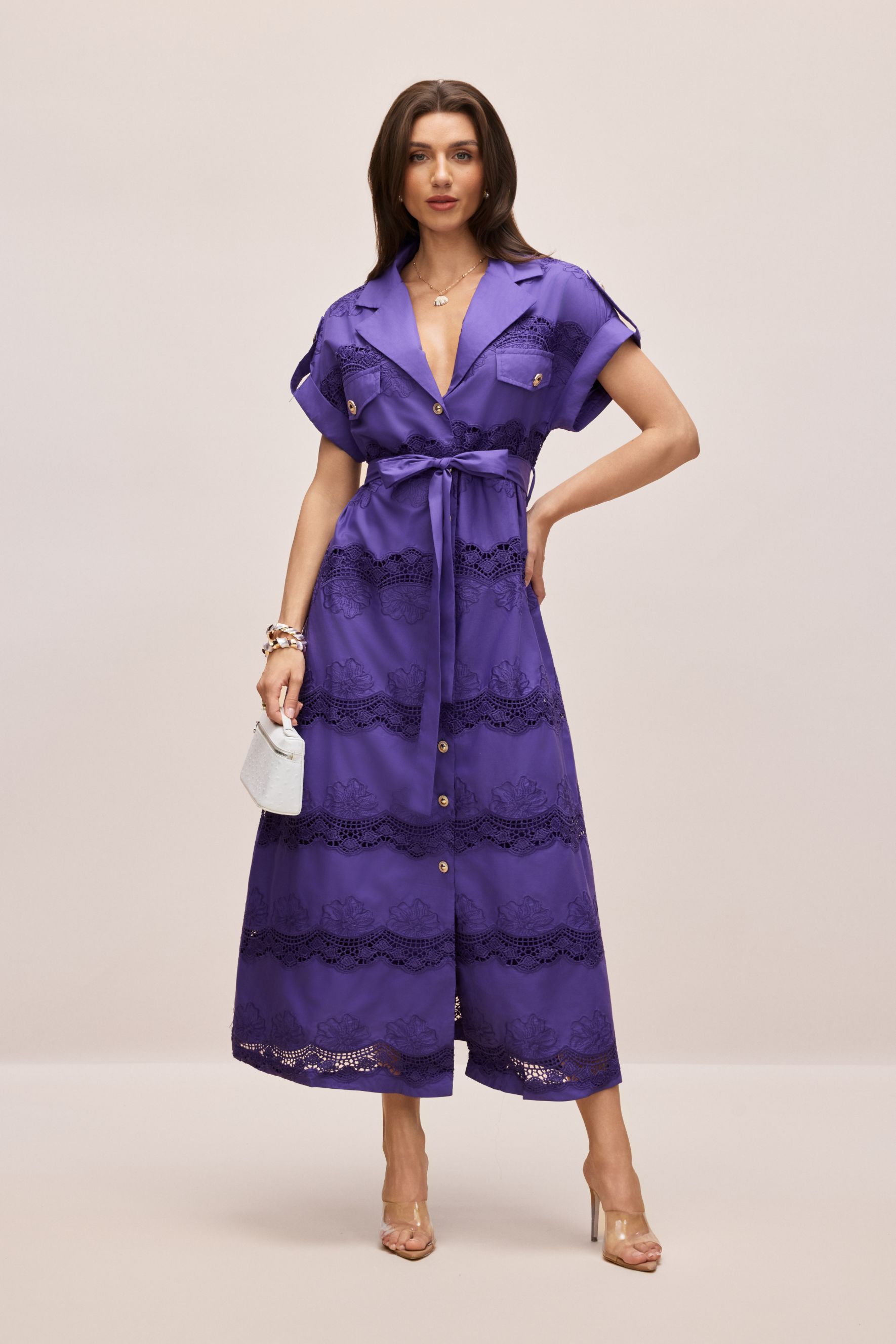 Mora Short Sleeve Lace Trim Midi Shirt Dress