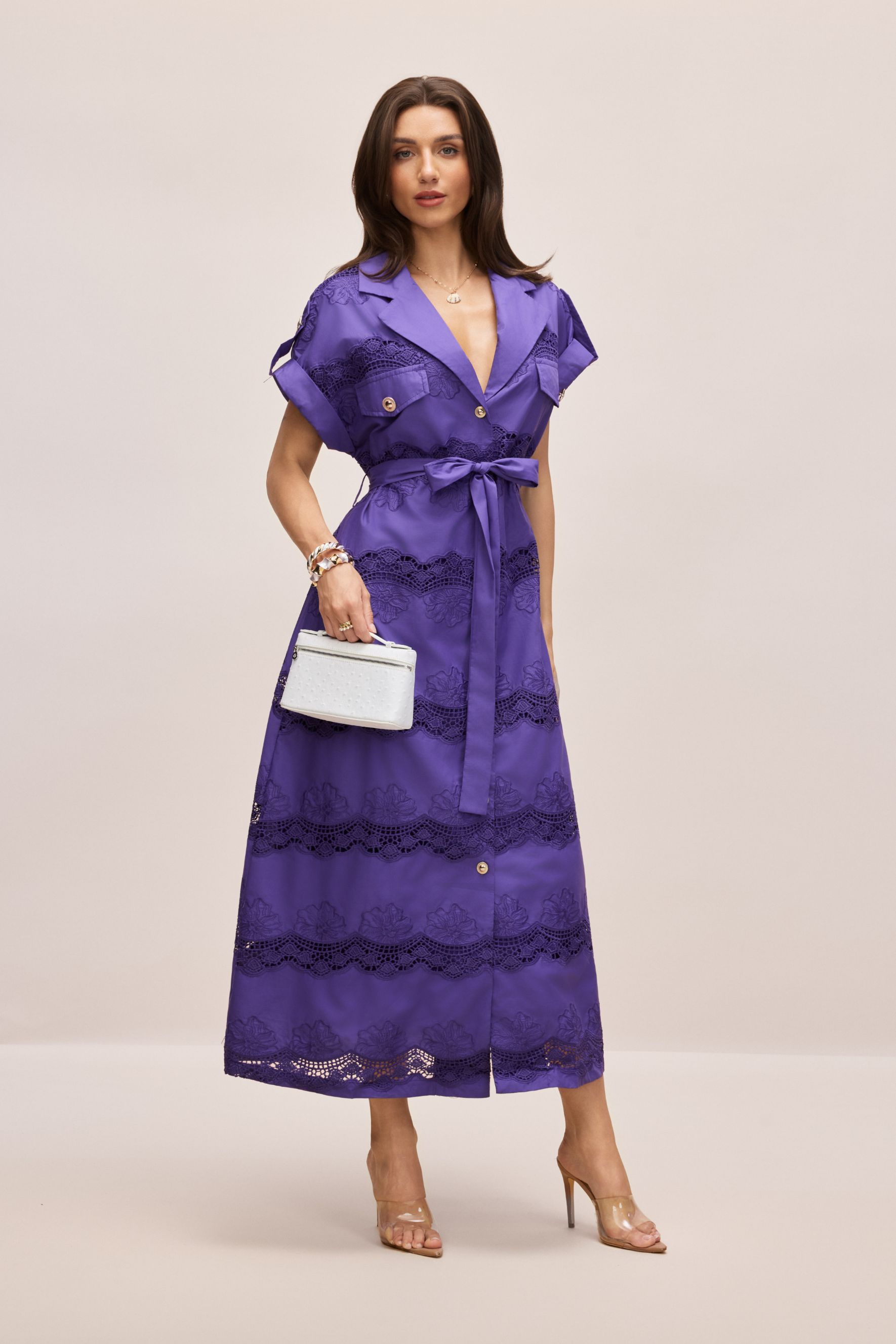 Mora Short Sleeve Lace Trim Midi Shirt Dress