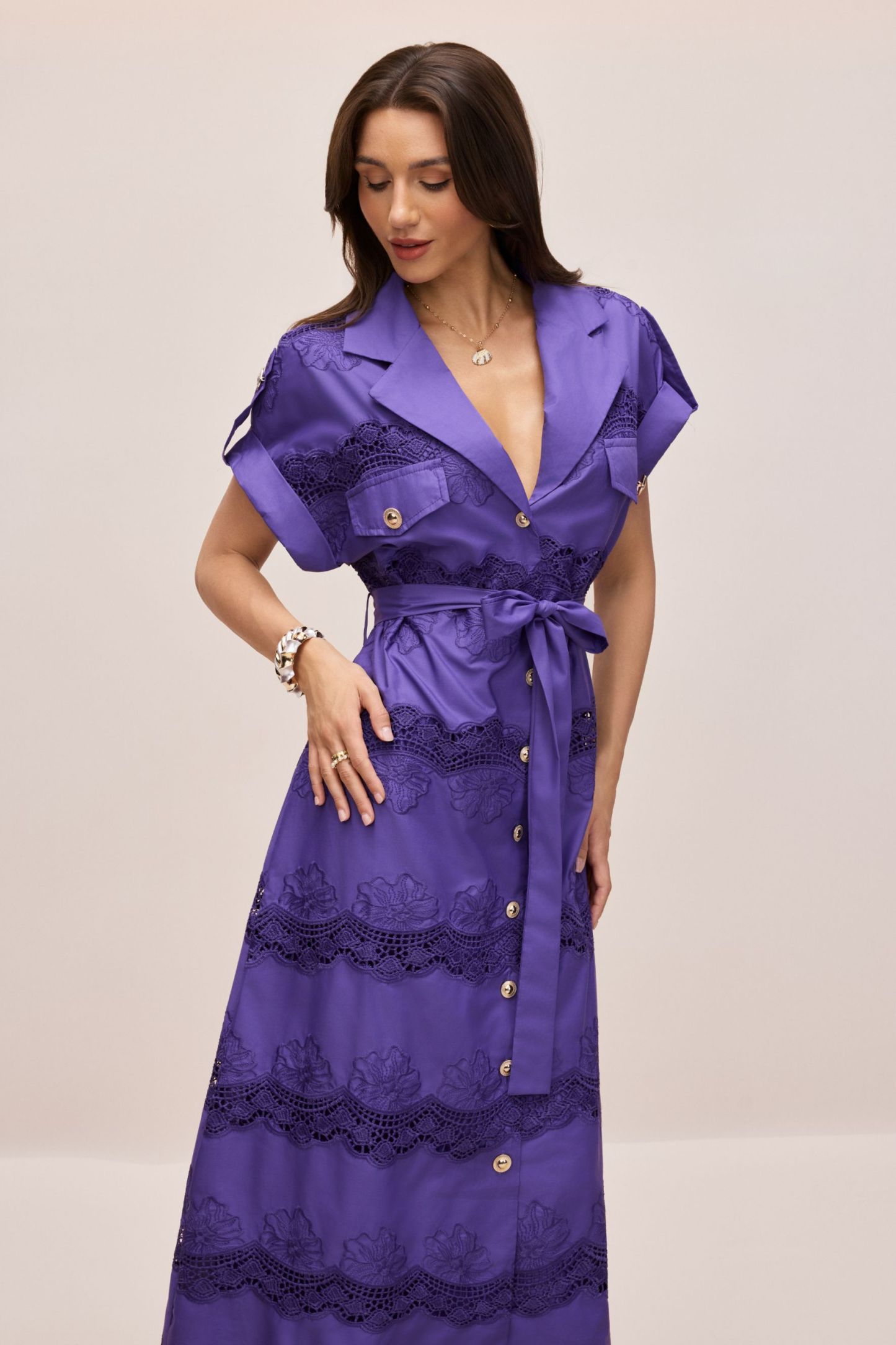 Mora Short Sleeve Lace Trim Midi Shirt Dress