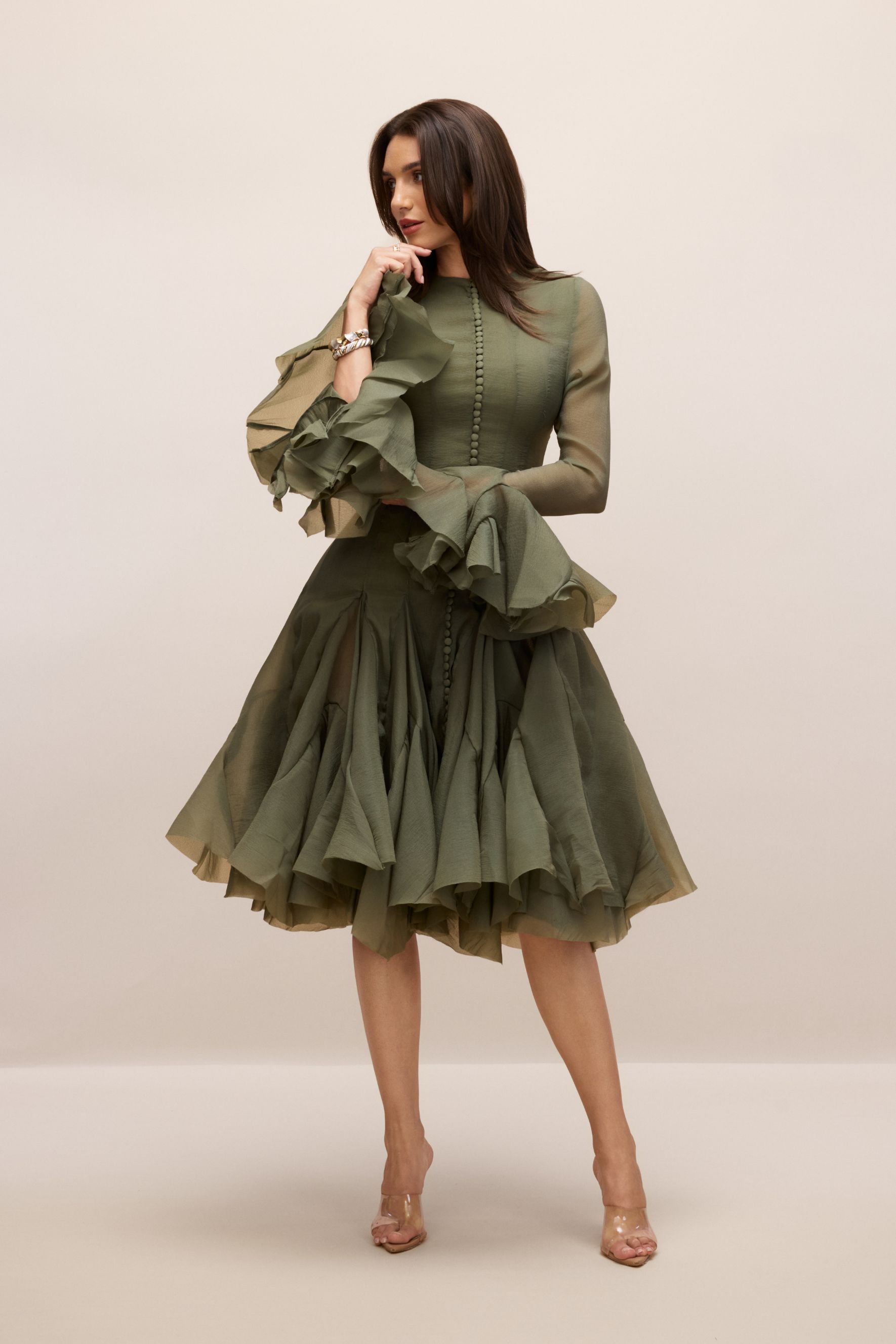 Gloria Long Sleeve Flared Hem Midi Dress